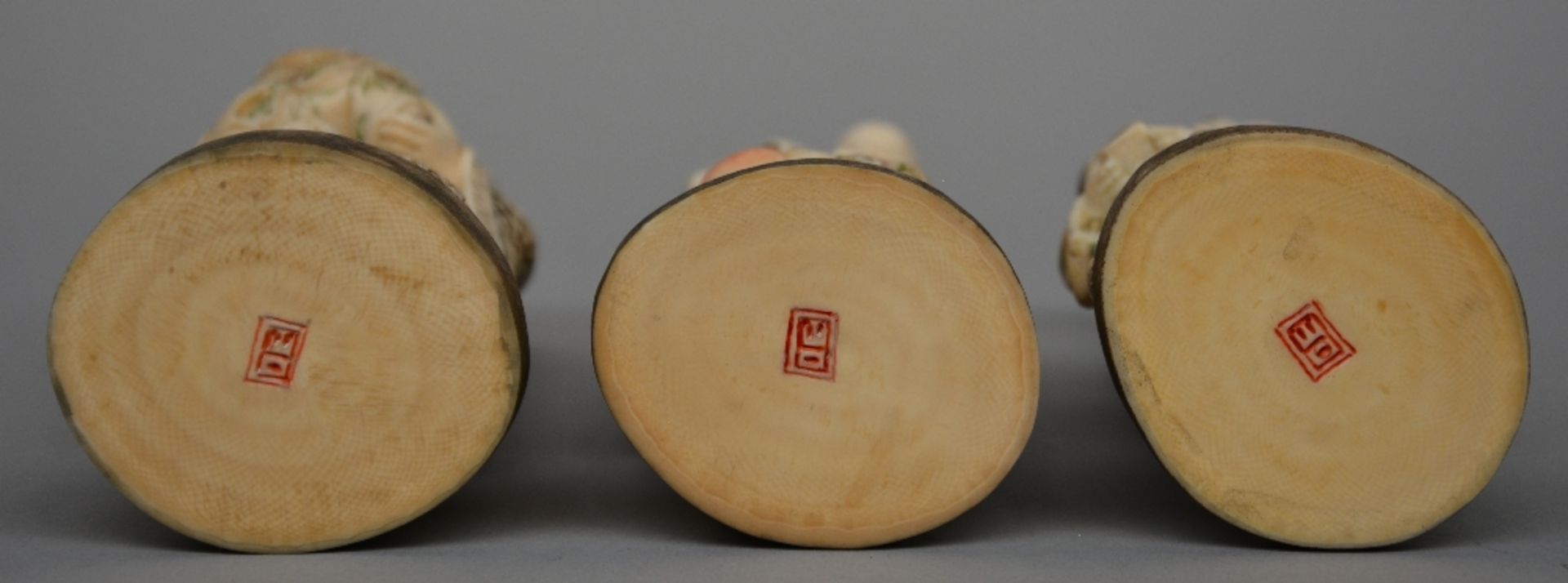 Three Japanese ivory okimono of mythological figures, scrimshaw decorated and partially - Image 6 of 7