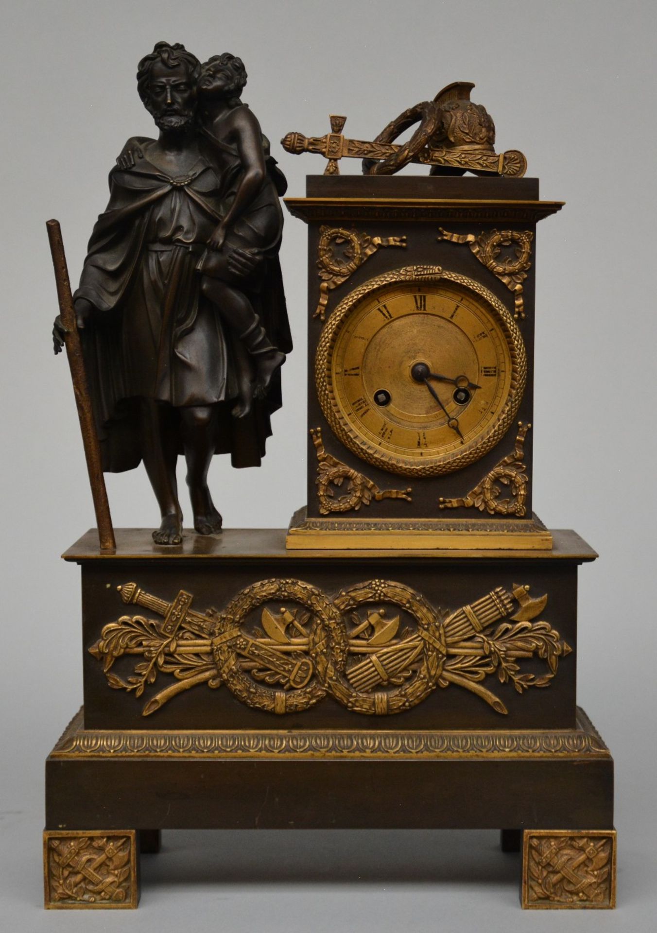 A 19thC Neo-classical bronze and brass garniture, on top a statue depicting Oedipus and his daughter