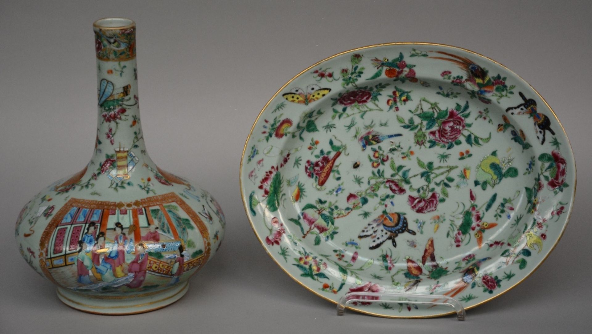 A Chinese celadon-ground famille rose vase and plate set, painted with genre scenes, symbols, birds,