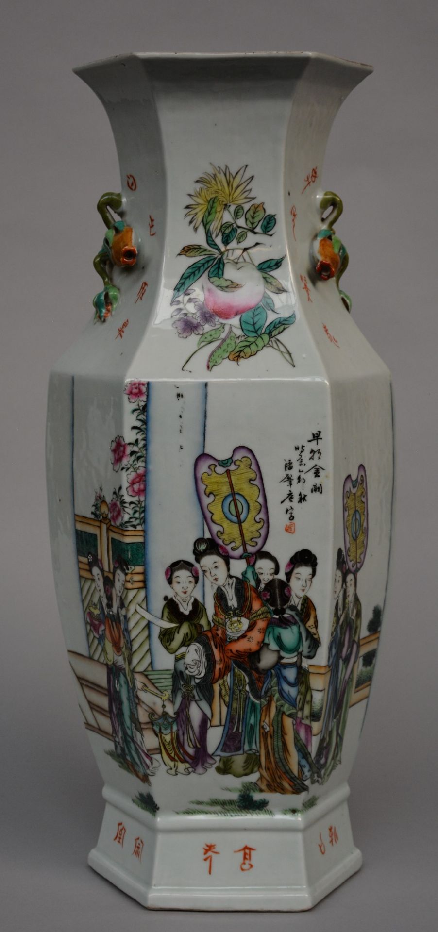 An exceptional Chinese hexagonal polychrome vase with relief decoration, signed by the artist Pan