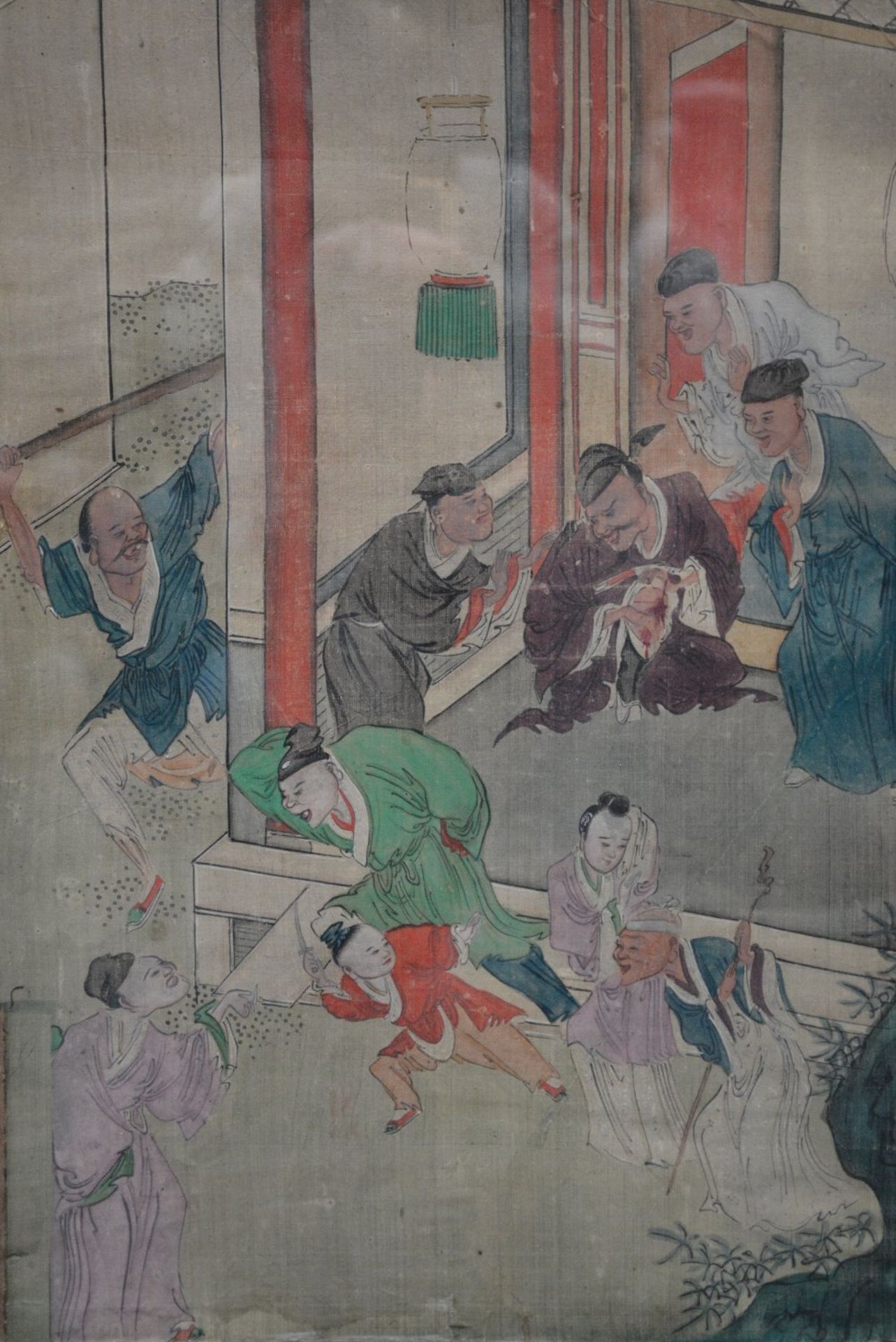 Four Chinese watercolours on textile depicting animated scenes from daily life, 19thC, 35,5 x 52,5 - - Image 4 of 5