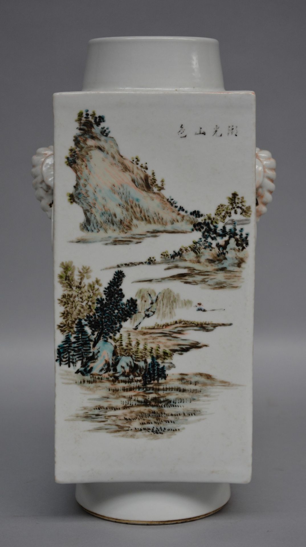 A Chinese quadrangular polychrome vase, decorated with a landscape, marked, H 34 cm