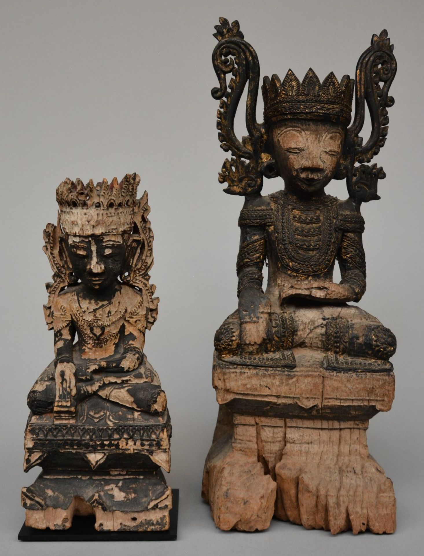 Two Oriental polychrome wooden statues, possibly Thailand, H 54 - 37 cm