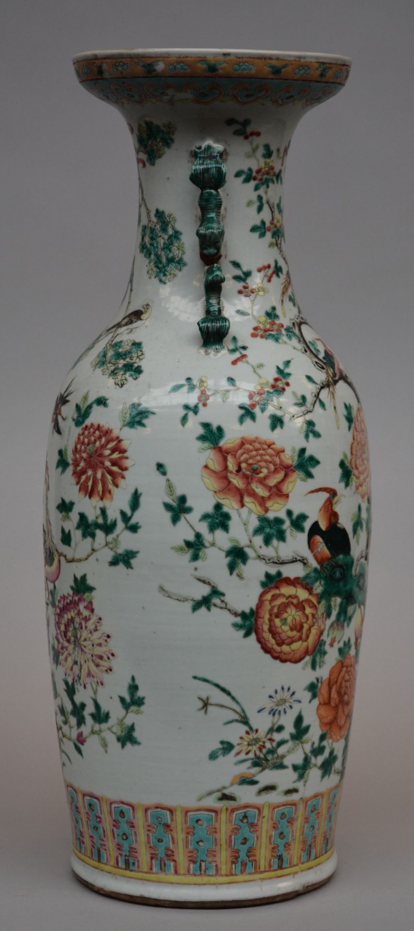 A Chinese polychrome vase, decorated with birds and flowers, 19thC, H 60,5 cm (damage on the - Bild 2 aus 6