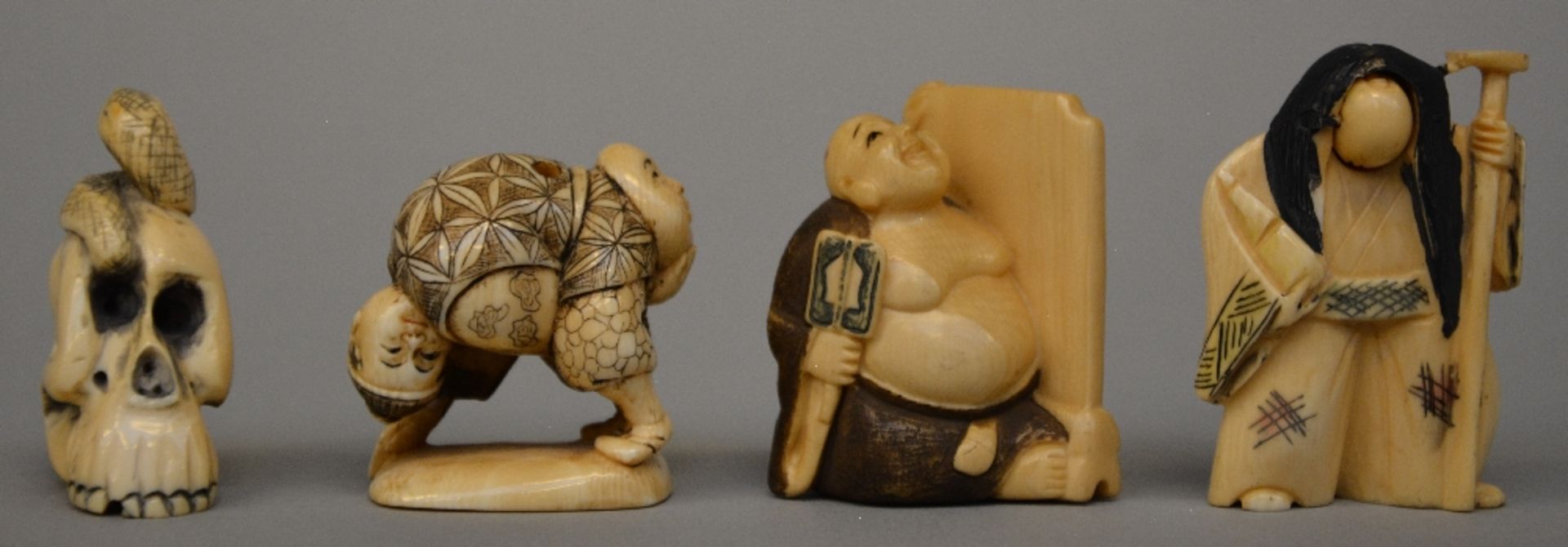 Various netsuke and little okimono, some scrimshaw decorated, Japan, late Meiji period or Interwar - Image 4 of 6