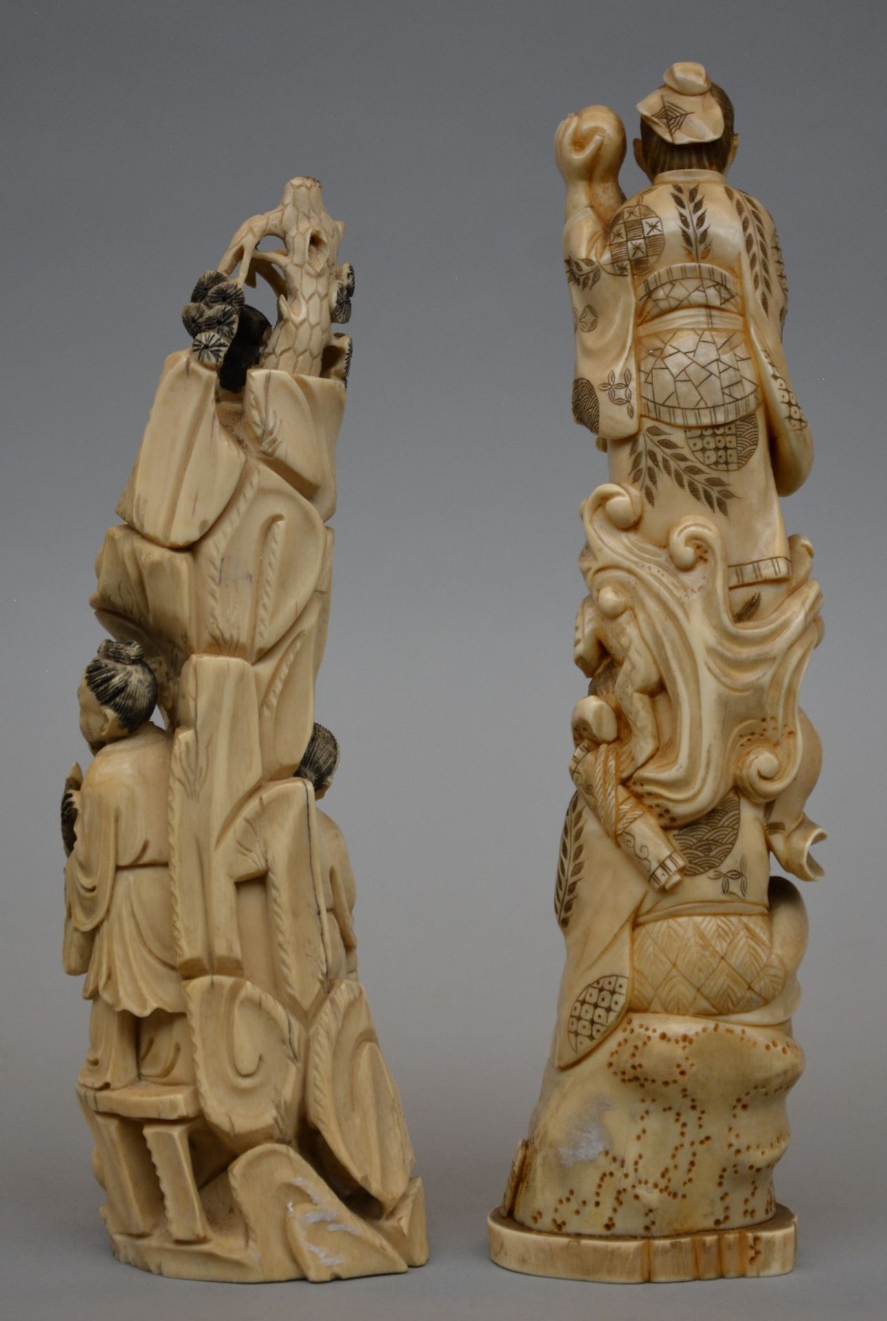 A Japanese ivory okimono depicting two mythical characters, scrimshaw decorated, Meiji period, H - Image 3 of 6