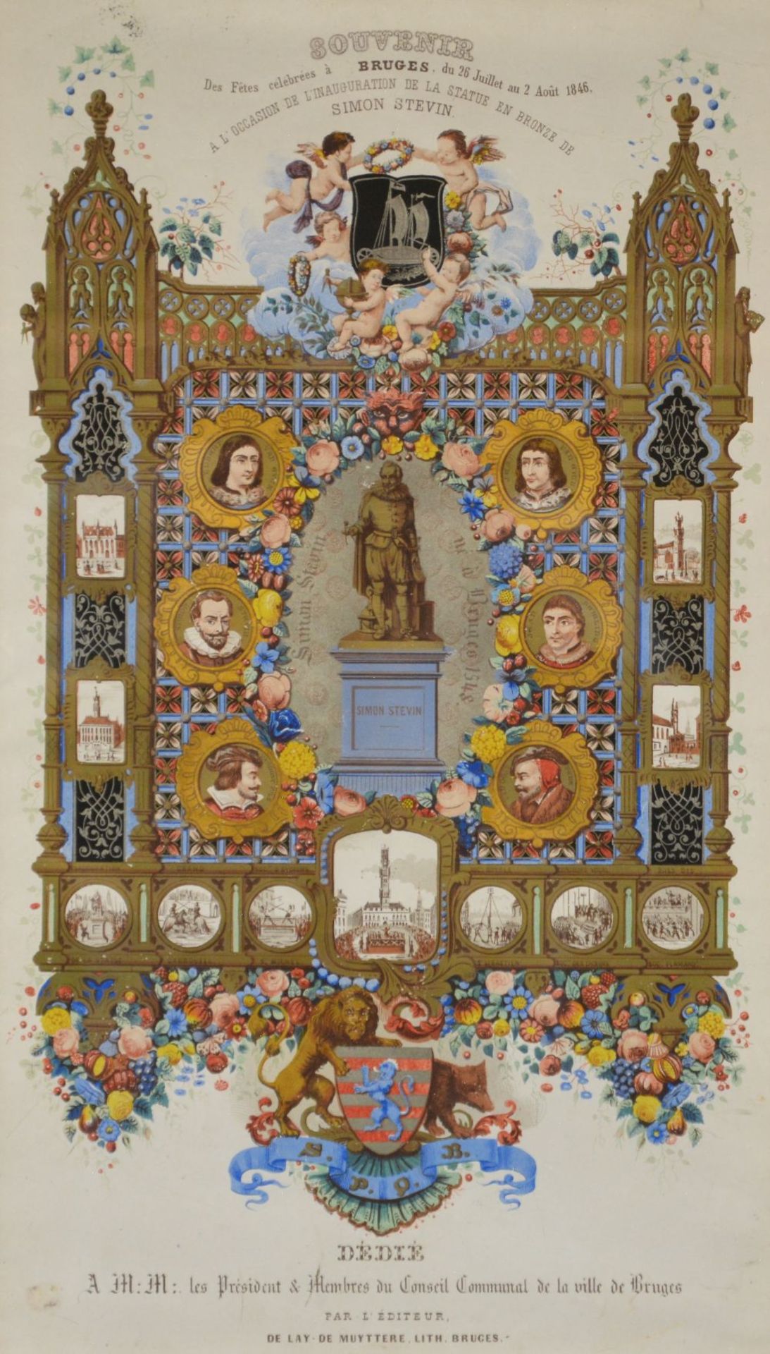 A coloured porcelain card, commemorating the inauguration of the Simon Stevin monument in Bruges - Image 2 of 3