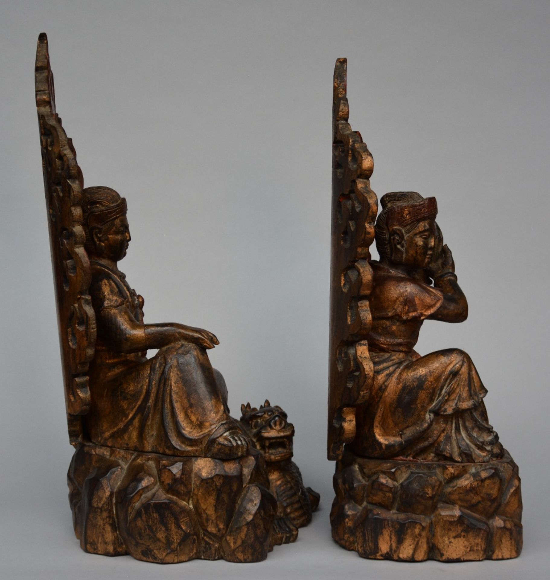 Two Oriental gilt wooden and polychromed Buddhist priests, H 70 - 72 cm - Image 4 of 6