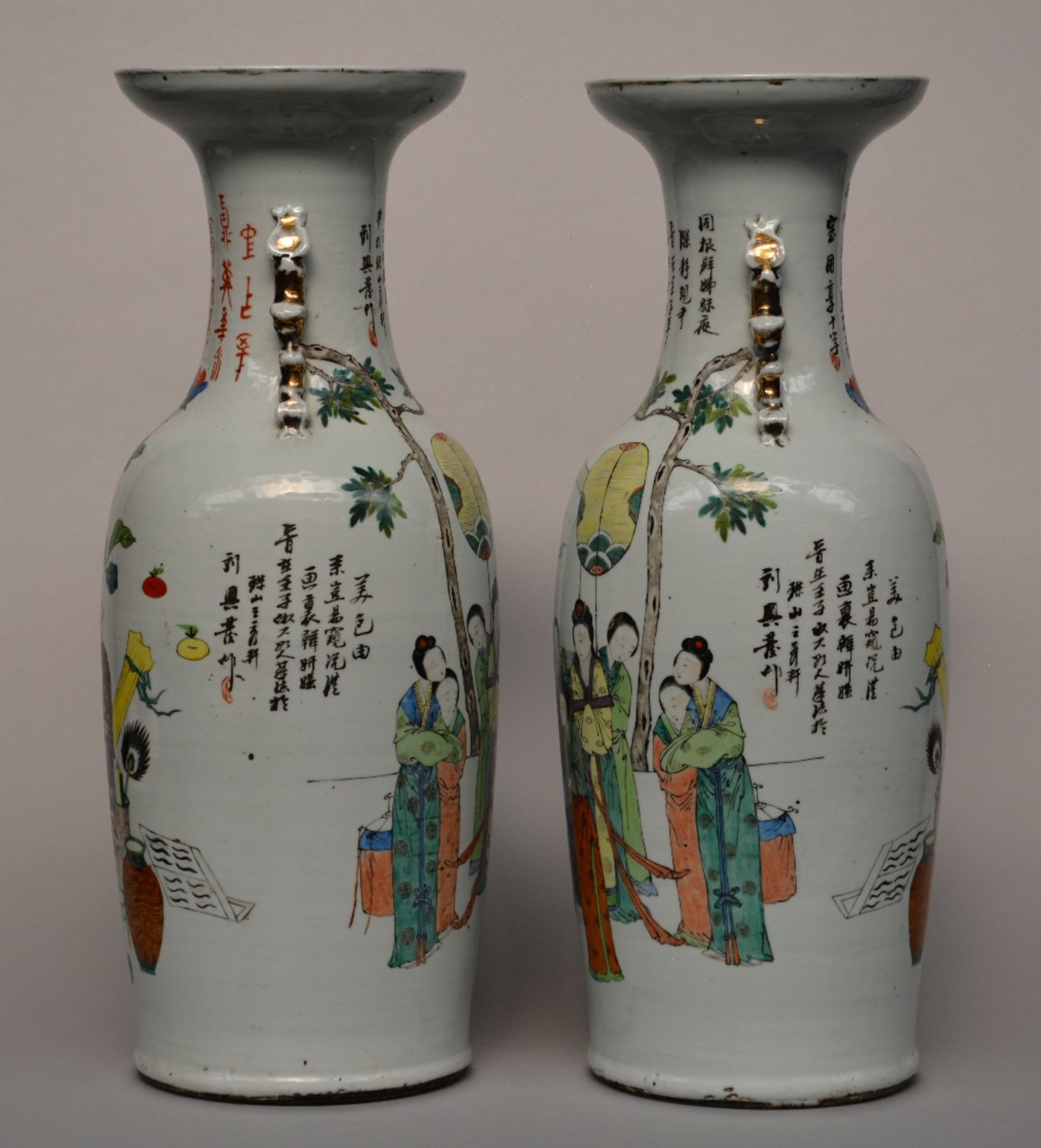 A fine pair of Chinese polychrome decorated vases, one side painted with a genre scene, the other - Image 2 of 6