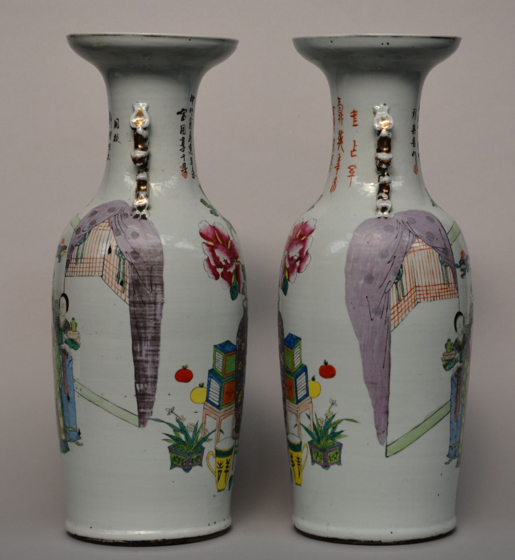 A fine pair of Chinese polychrome decorated vases, one side painted with a genre scene, the other - Image 4 of 6