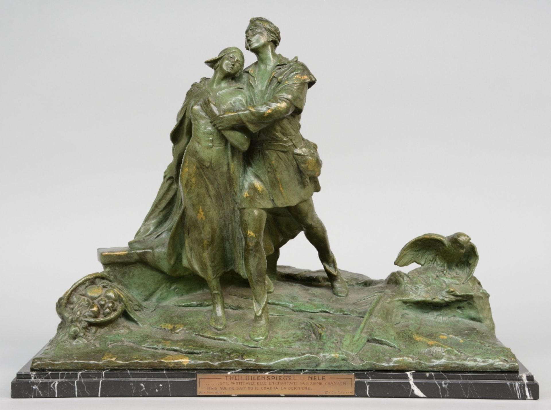 Mauquoy A., 'Thijl Uilenspiegel et Nele...', patinated bronze on marble base, H 48,5 - W 66,5 - D