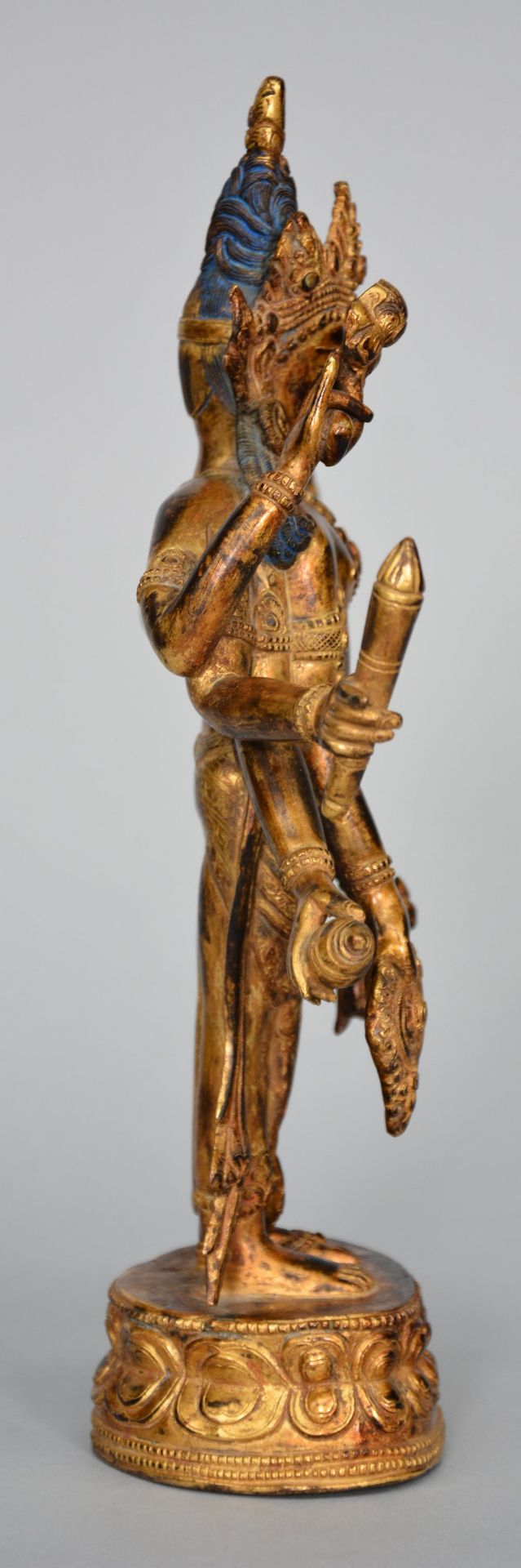 An Oriental gilt bronze polychrome figure, representing Shiva, decorated and inlaid with various - Image 7 of 9