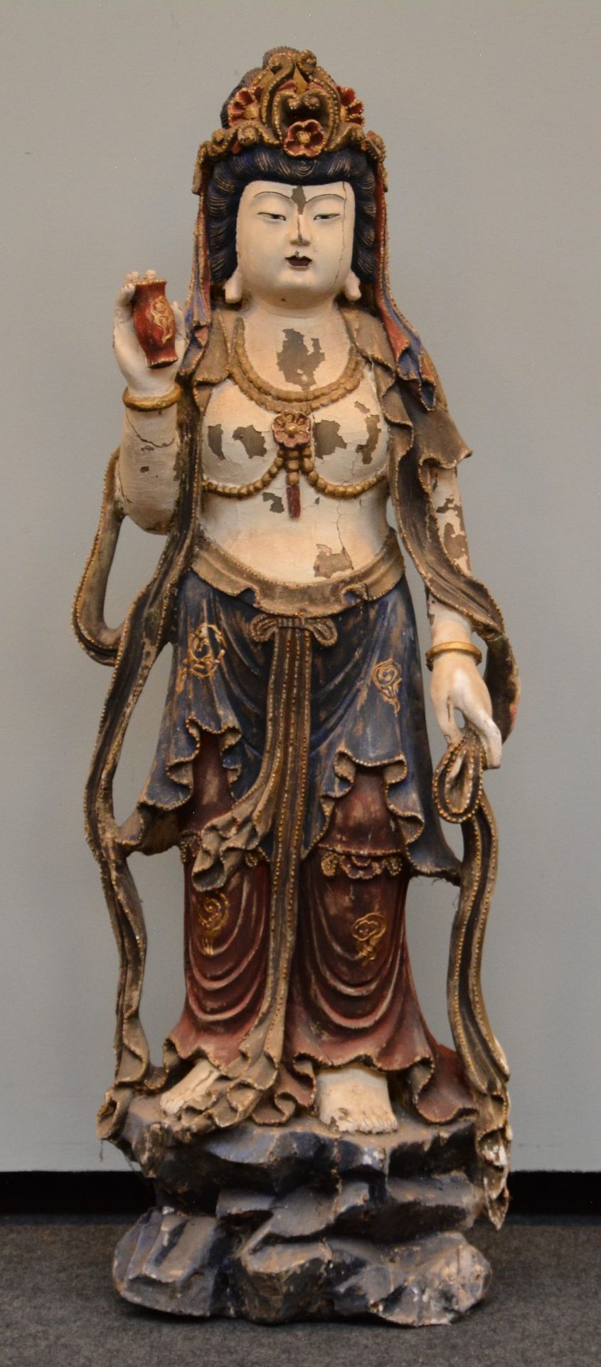 An exceptional Guanyin sculpture in polychrome wood, possibly Tibet, 18thC, H 141 cm (damage to