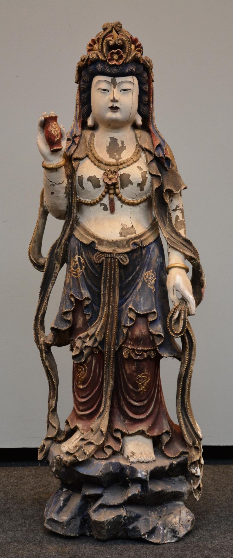 An exceptional Guanyin sculpture in polychrome wood, possibly Tibet, 18thC, H 141 cm (damage to - Image 2 of 11