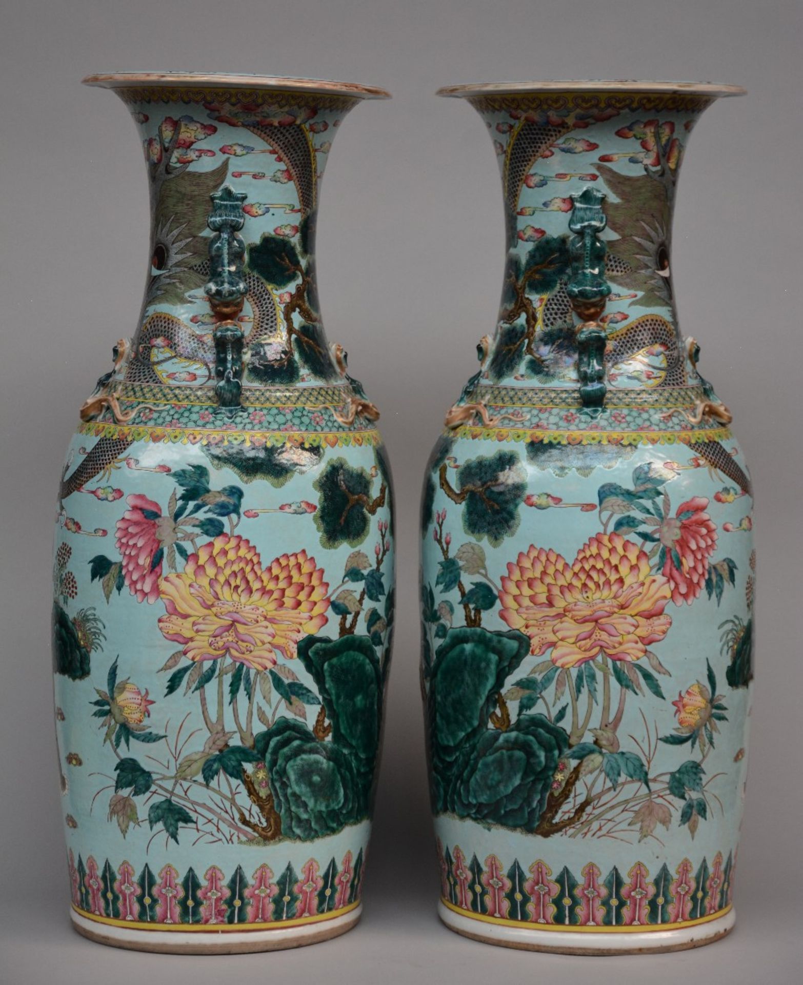 An exceptional pair Chinese turquoise vases, decorated with a dragon and a tiger in a landscape, - Image 4 of 12