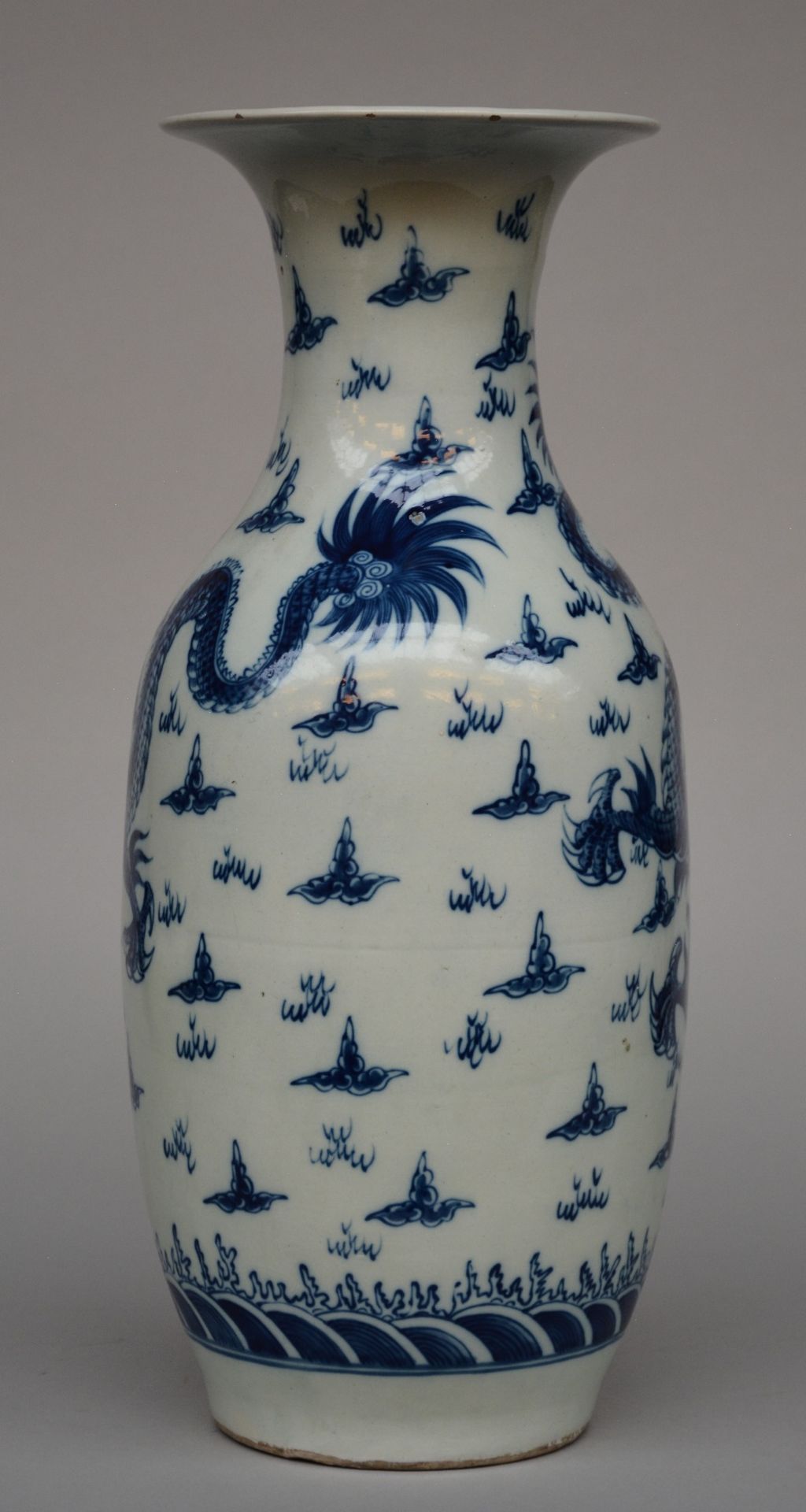 A Chinese blue and white vase, decorated with dragons, H 55,5 cm (minor chips on the rim and some - Image 3 of 8