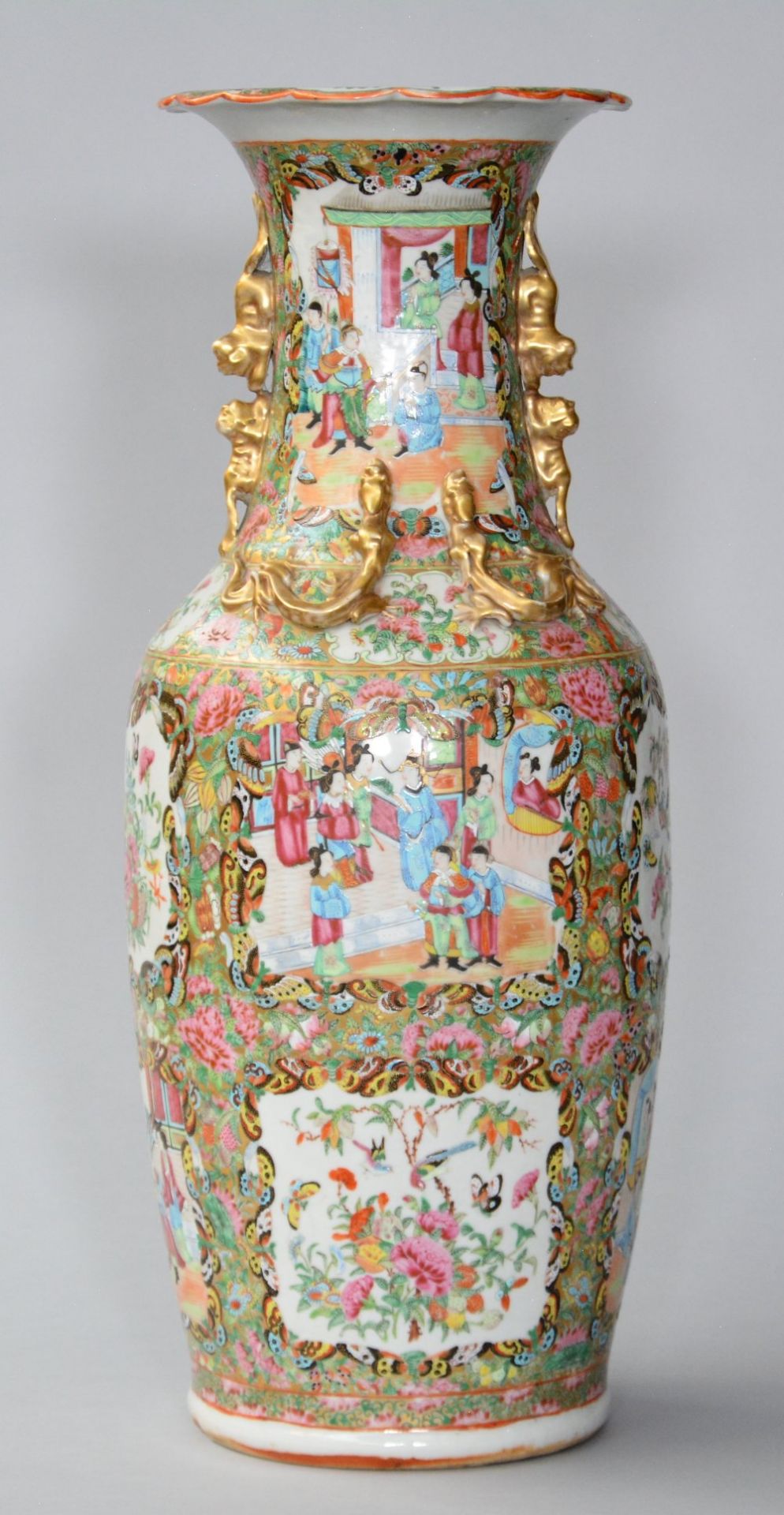 A Chinese Canton vase with relief decoration, 19thC, H 61,5 cm (firing fault in the neck, only - Image 3 of 6
