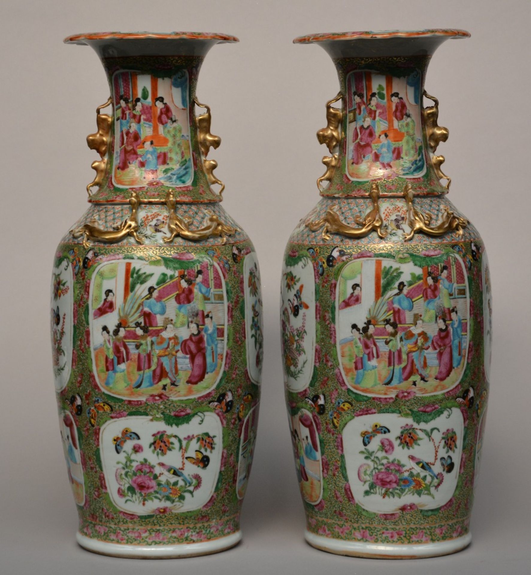 A pair of Chinese Canton vases with animated scenes and relief decoration, 19thC, H 61,5 cm (one - Image 3 of 10