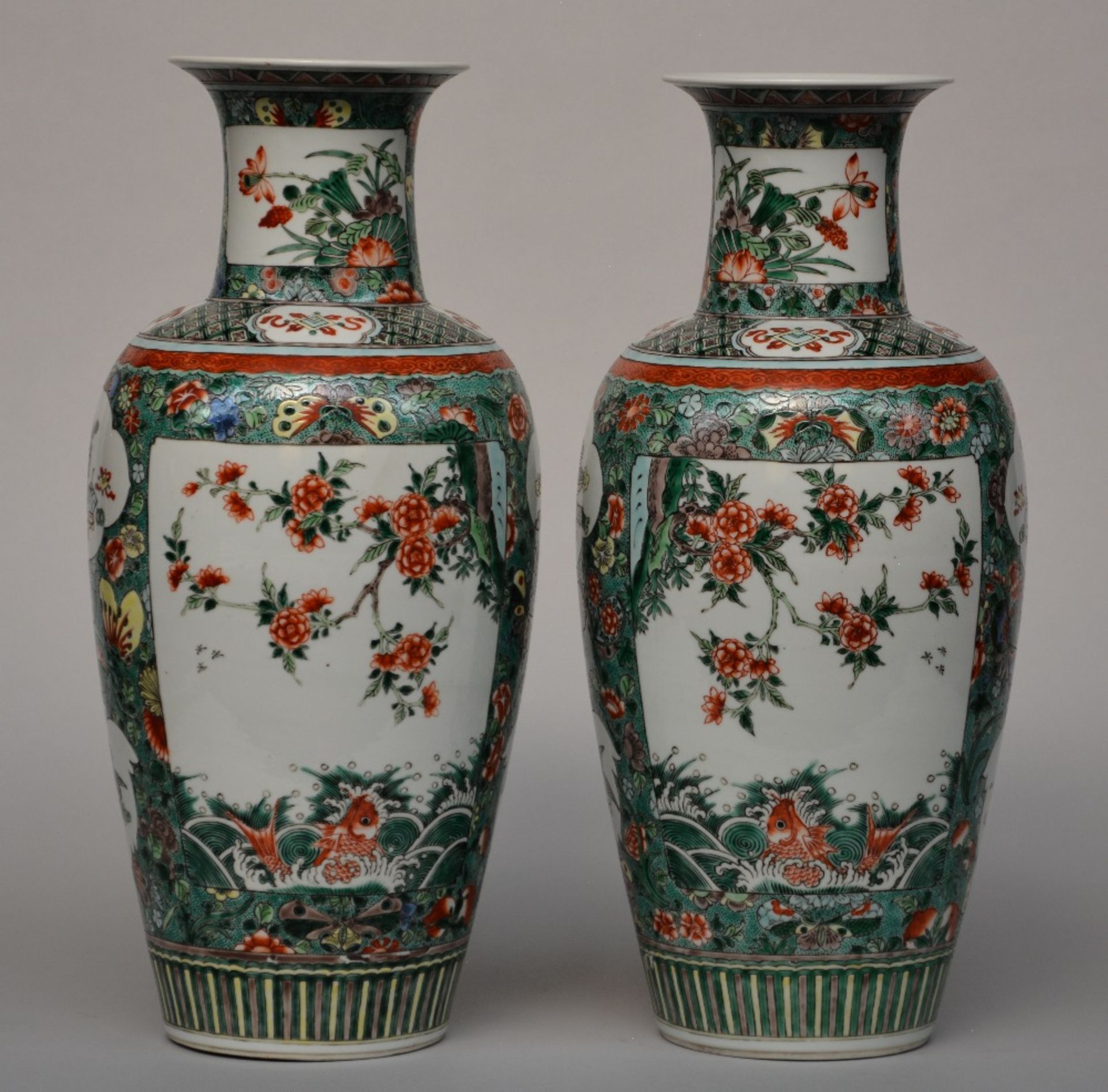 A pair of Chinese famille verte vases decorated with floral motifs, fish and a dragon, H 45 - 45,5 - Image 3 of 6