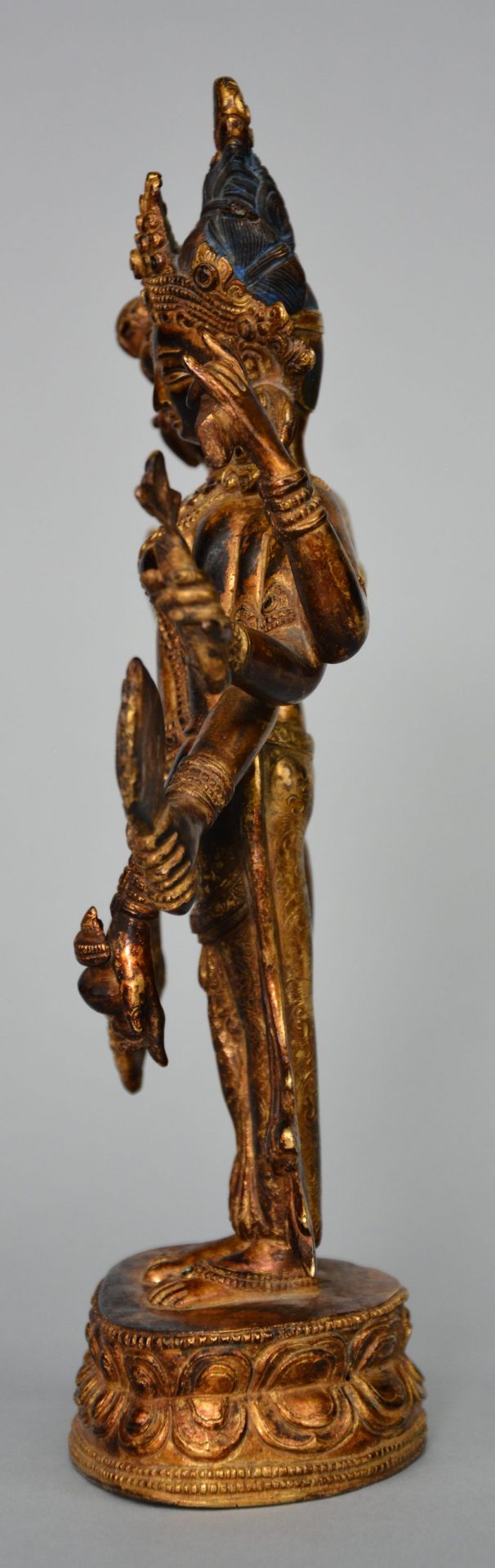 An Oriental gilt bronze polychrome figure, representing Shiva, decorated and inlaid with various - Image 5 of 9