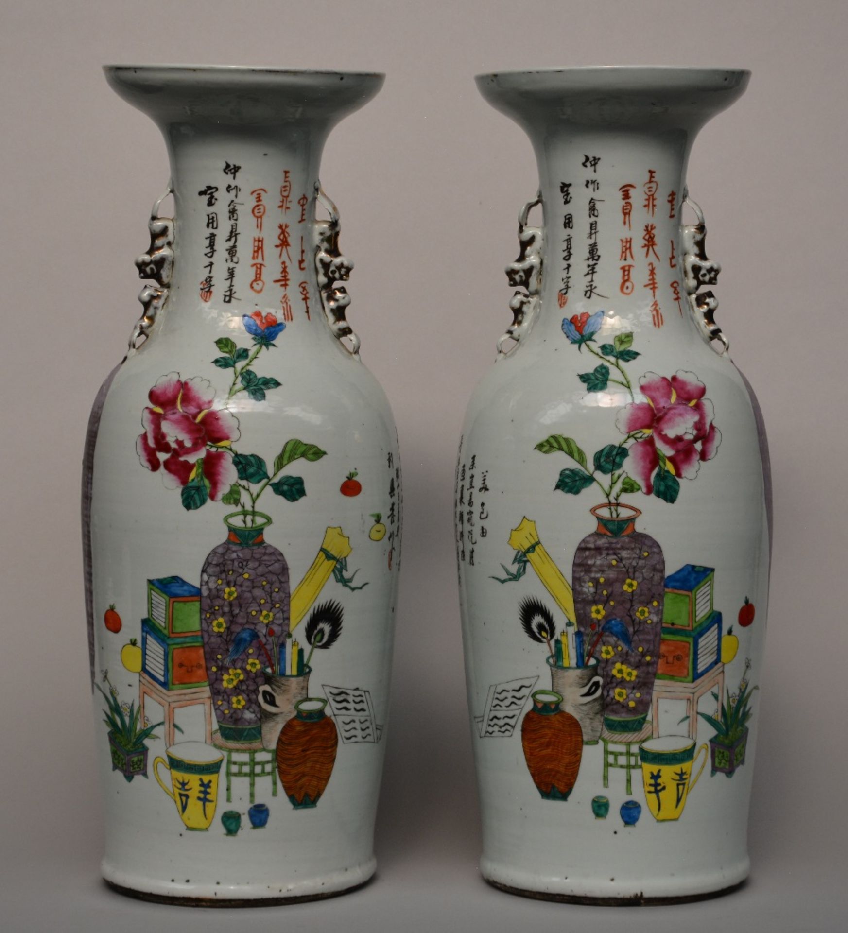 A fine pair of Chinese polychrome decorated vases, one side painted with a genre scene, the other - Image 3 of 6