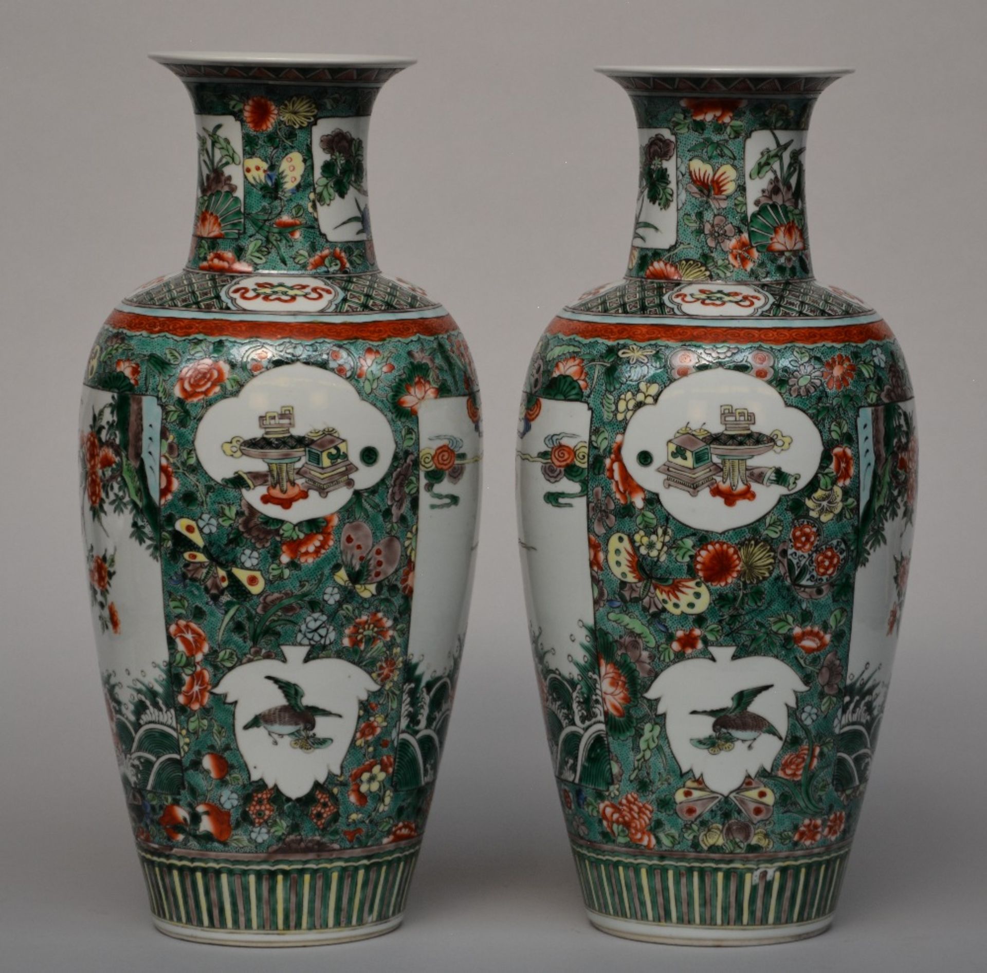 A pair of Chinese famille verte vases decorated with floral motifs, fish and a dragon, H 45 - 45,5 - Image 2 of 6