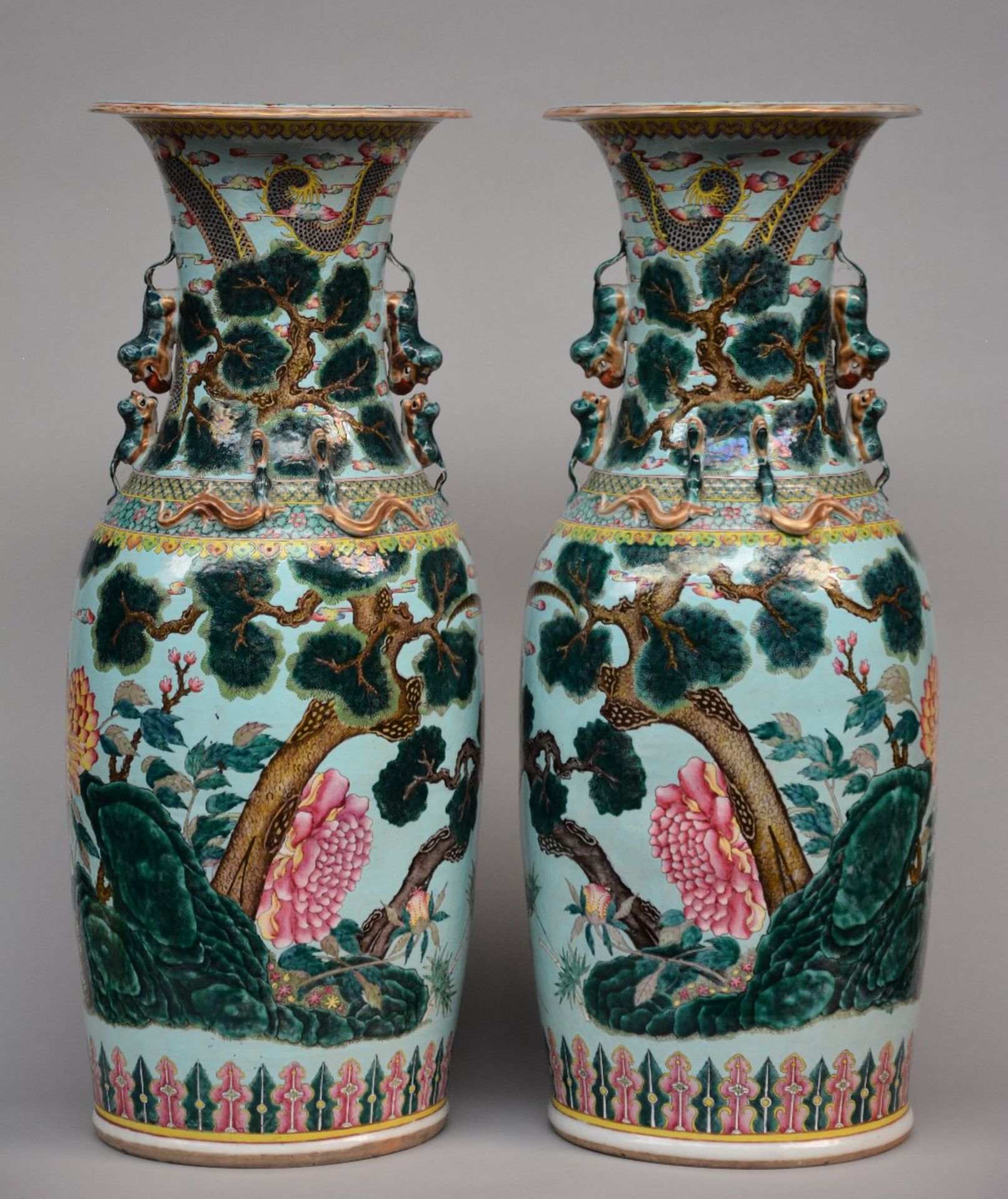 An exceptional pair Chinese turquoise vases, decorated with a dragon and a tiger in a landscape, - Image 3 of 12