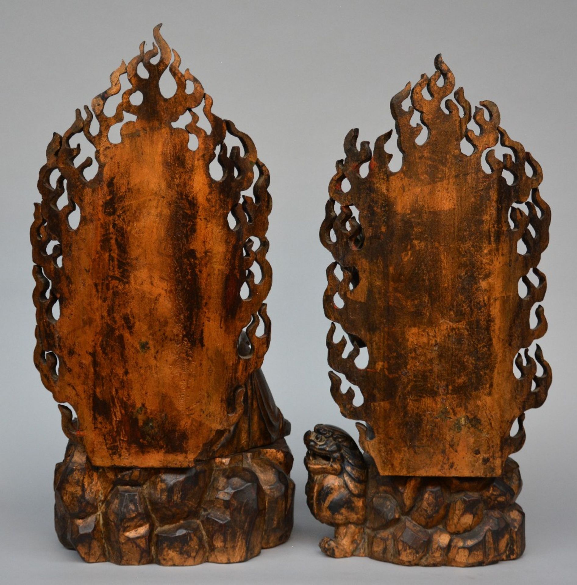 Two Oriental gilt wooden and polychromed Buddhist priests, H 70 - 72 cm - Image 3 of 6