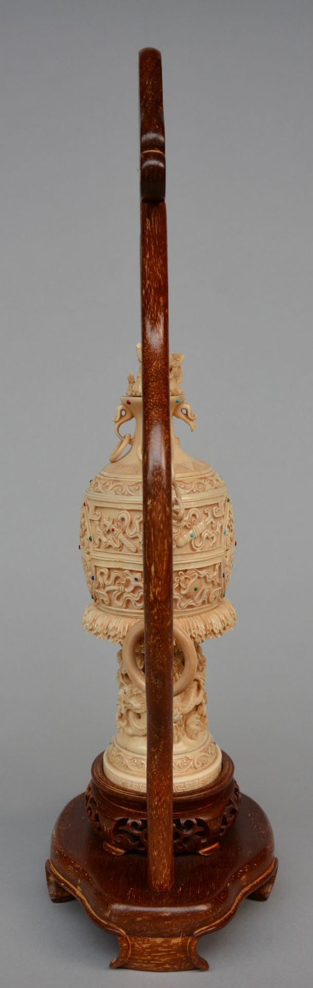 A Chinese ivory vase with cover with relief decoration of dragons, inlaid with various precious - Image 2 of 10