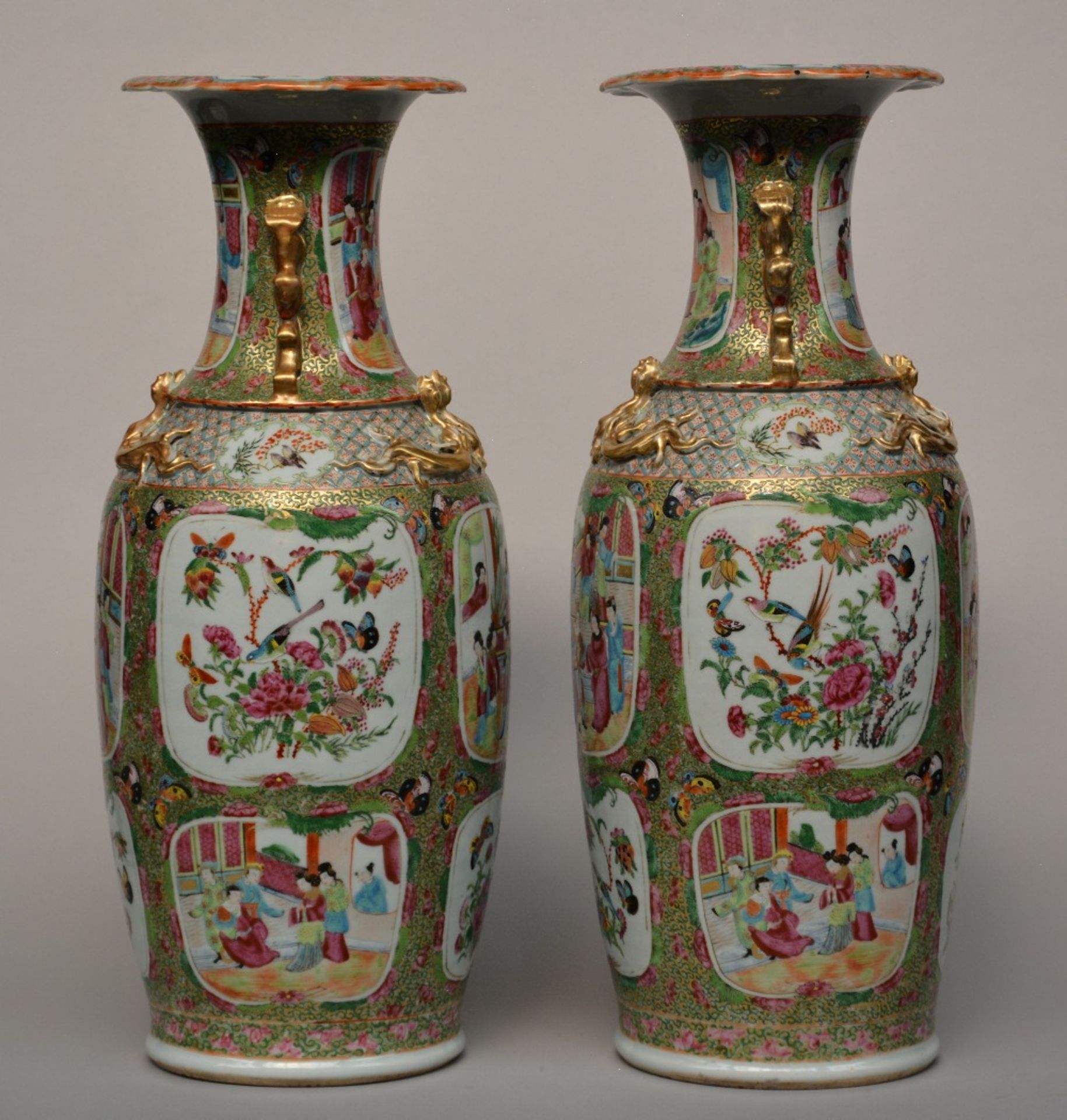 A pair of Chinese Canton vases with animated scenes and relief decoration, 19thC, H 61,5 cm (one - Image 4 of 10