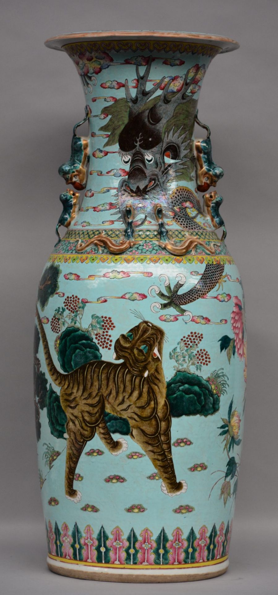 An exceptional pair Chinese turquoise vases, decorated with a dragon and a tiger in a landscape, - Image 7 of 12