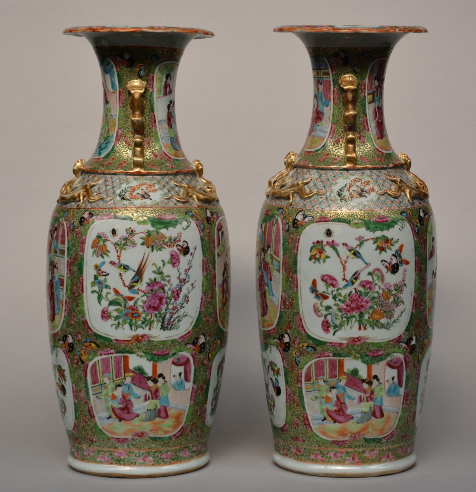 A pair of Chinese Canton vases with animated scenes and relief decoration, 19thC, H 61,5 cm (one - Image 2 of 10