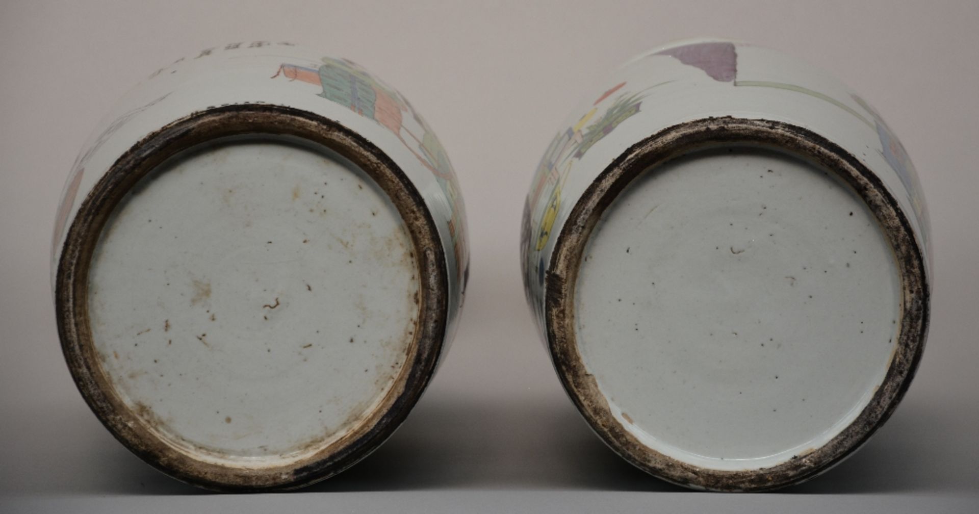 A fine pair of Chinese polychrome decorated vases, one side painted with a genre scene, the other - Image 6 of 6