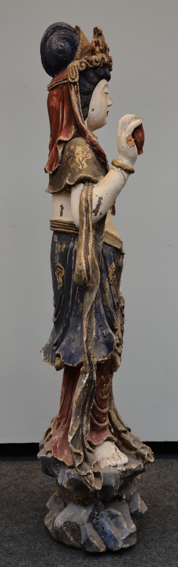 An exceptional Guanyin sculpture in polychrome wood, possibly Tibet, 18thC, H 141 cm (damage to - Image 9 of 11