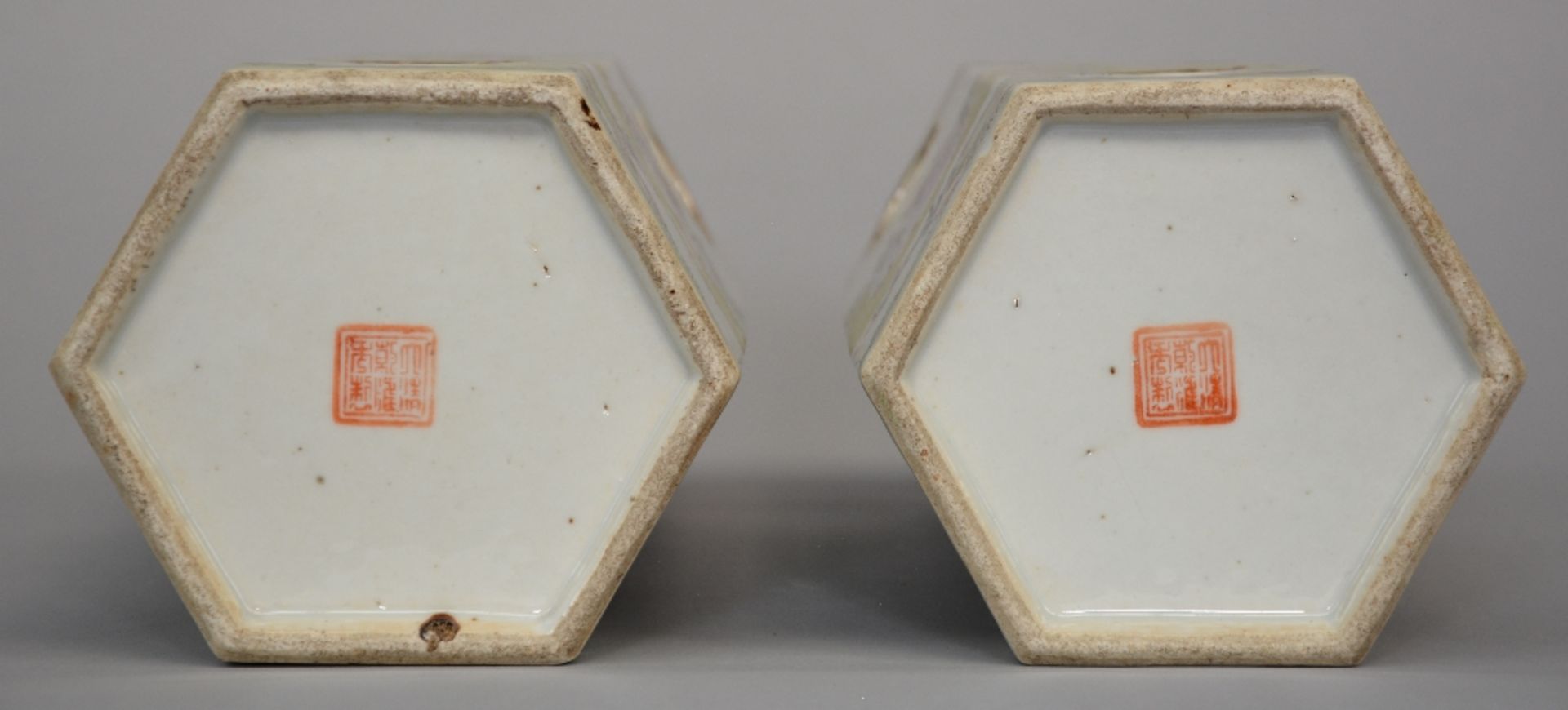 A pair of Chinese hat stands, polychrome decorated with a genre scene, signed by the artist, marked, - Image 6 of 7