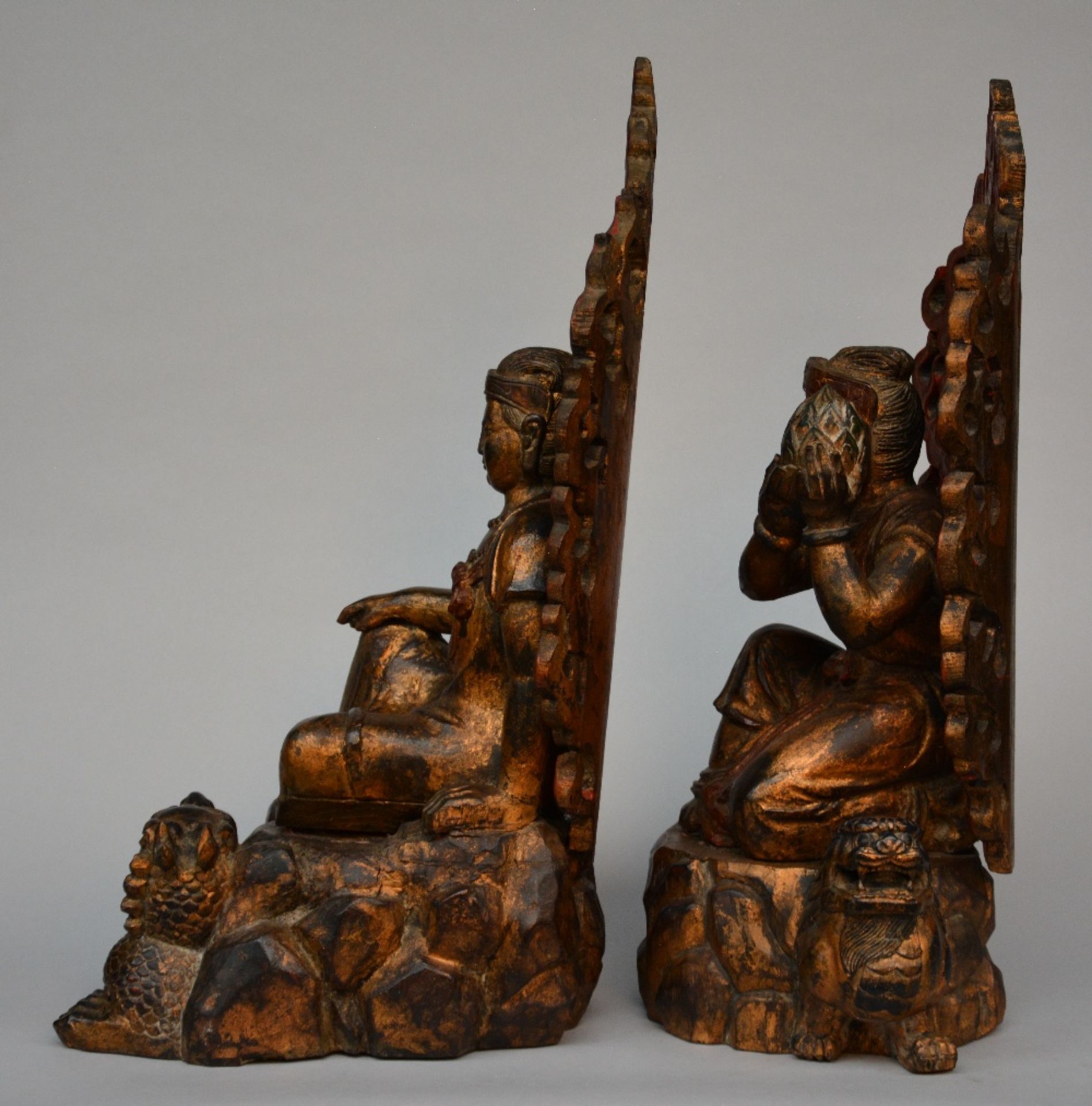 Two Oriental gilt wooden and polychromed Buddhist priests, H 70 - 72 cm - Image 2 of 6