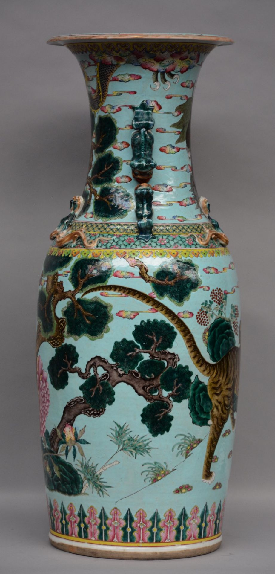 An exceptional pair Chinese turquoise vases, decorated with a dragon and a tiger in a landscape, - Image 10 of 12