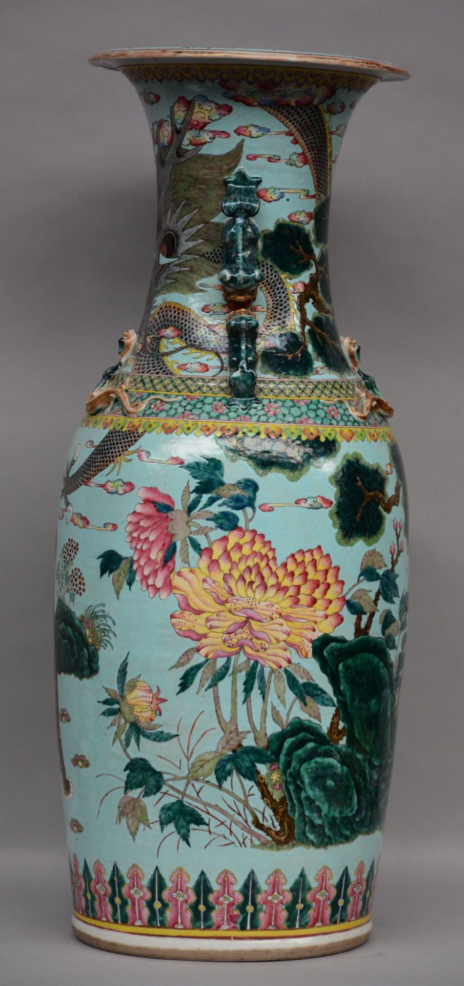 An exceptional pair Chinese turquoise vases, decorated with a dragon and a tiger in a landscape, - Image 8 of 12