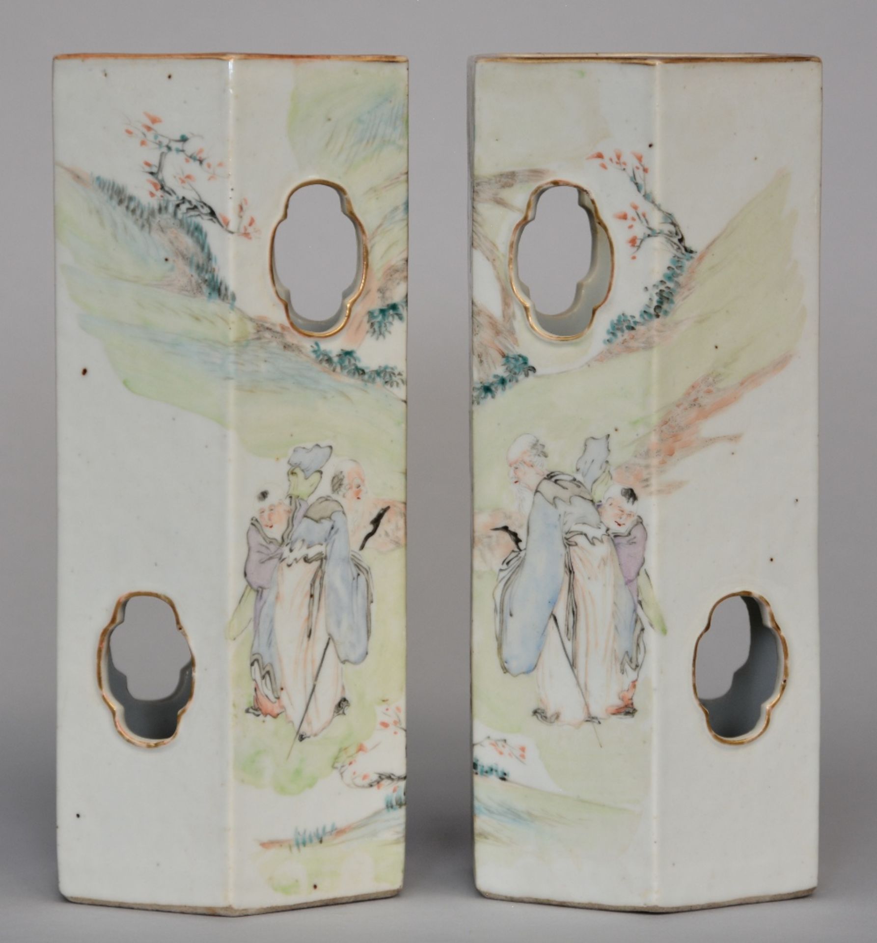 A pair of Chinese hat stands, polychrome decorated with a genre scene, signed by the artist, marked, - Image 2 of 7
