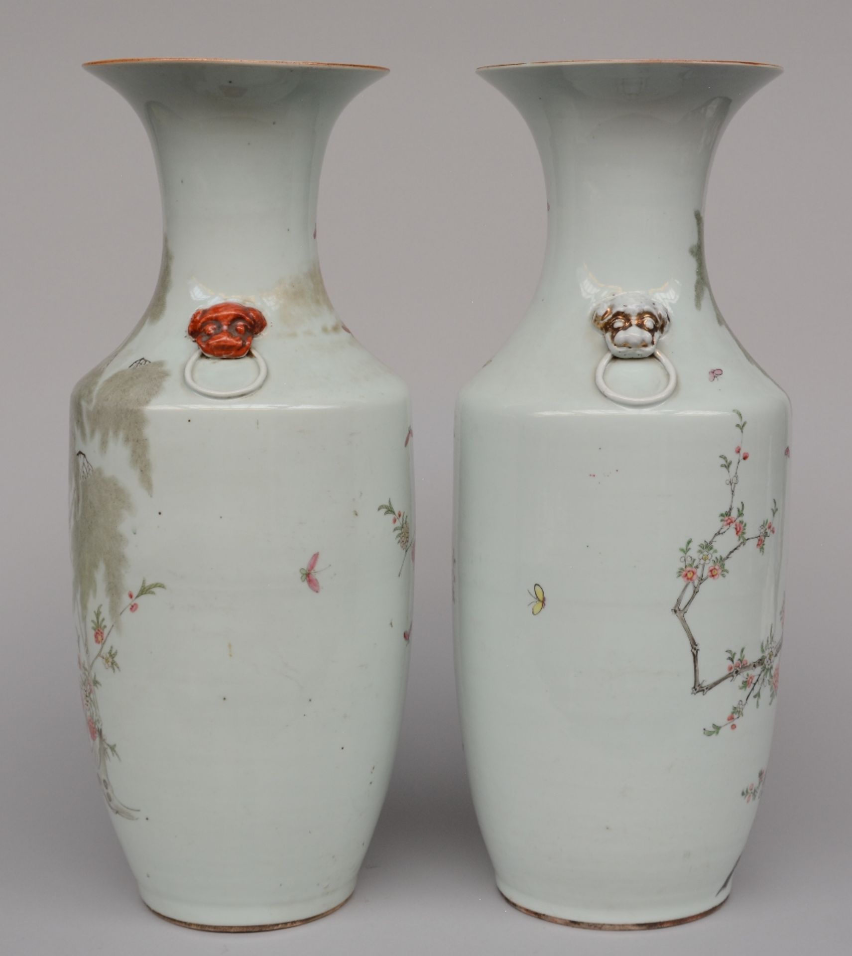 A pair of Chinese polychrome vases, decorated with birds on a flower branch, marked, H 57,5 cm ( - Image 4 of 9