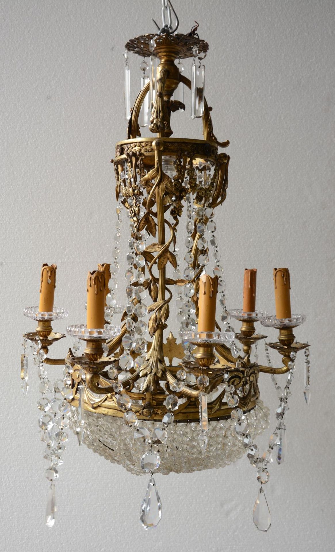A 19thC Neo-classical sac à perles chandelier with gilt bronze mounts, H 90 - Diameter 60 cm