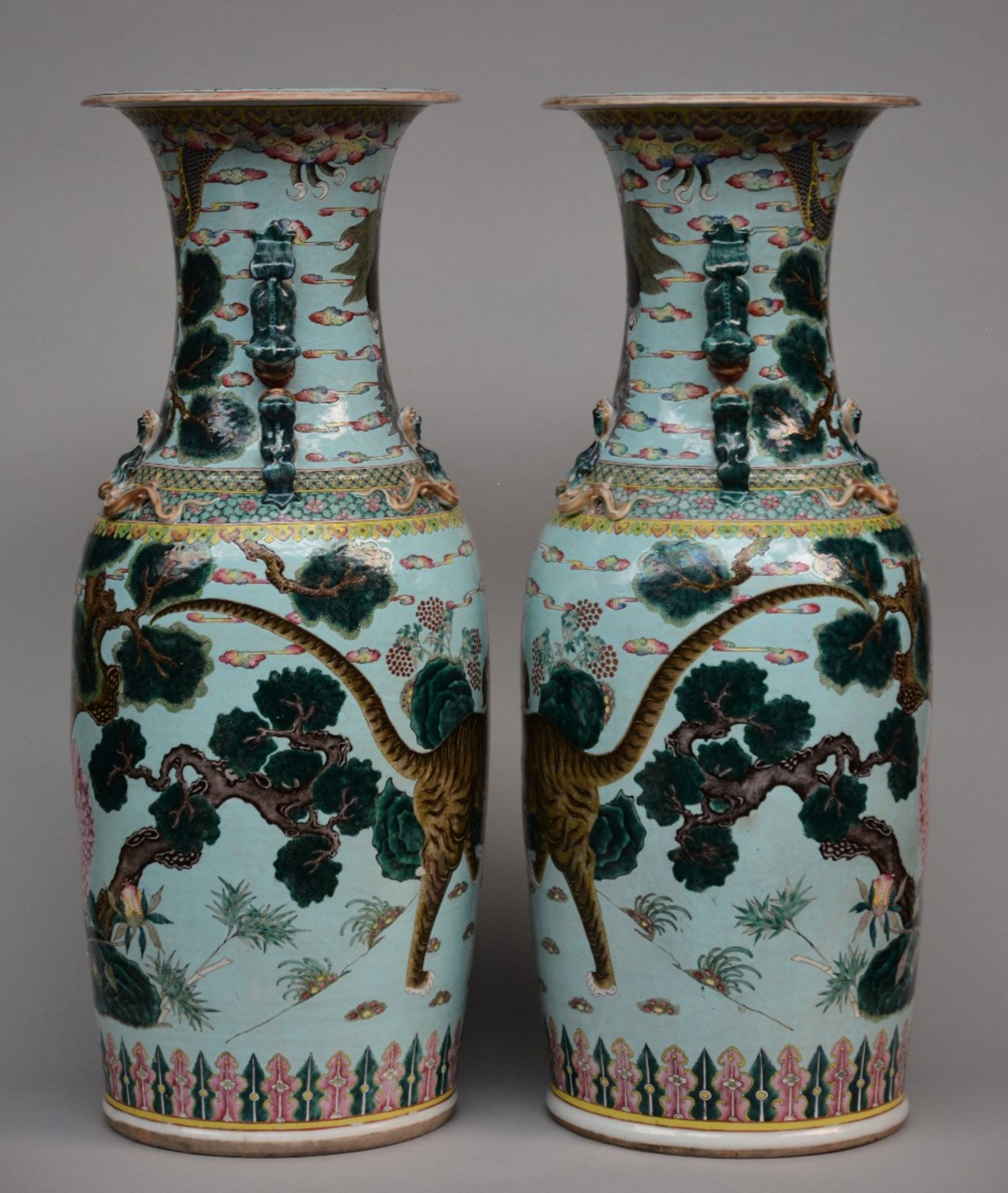 An exceptional pair Chinese turquoise vases, decorated with a dragon and a tiger in a landscape, - Image 2 of 12