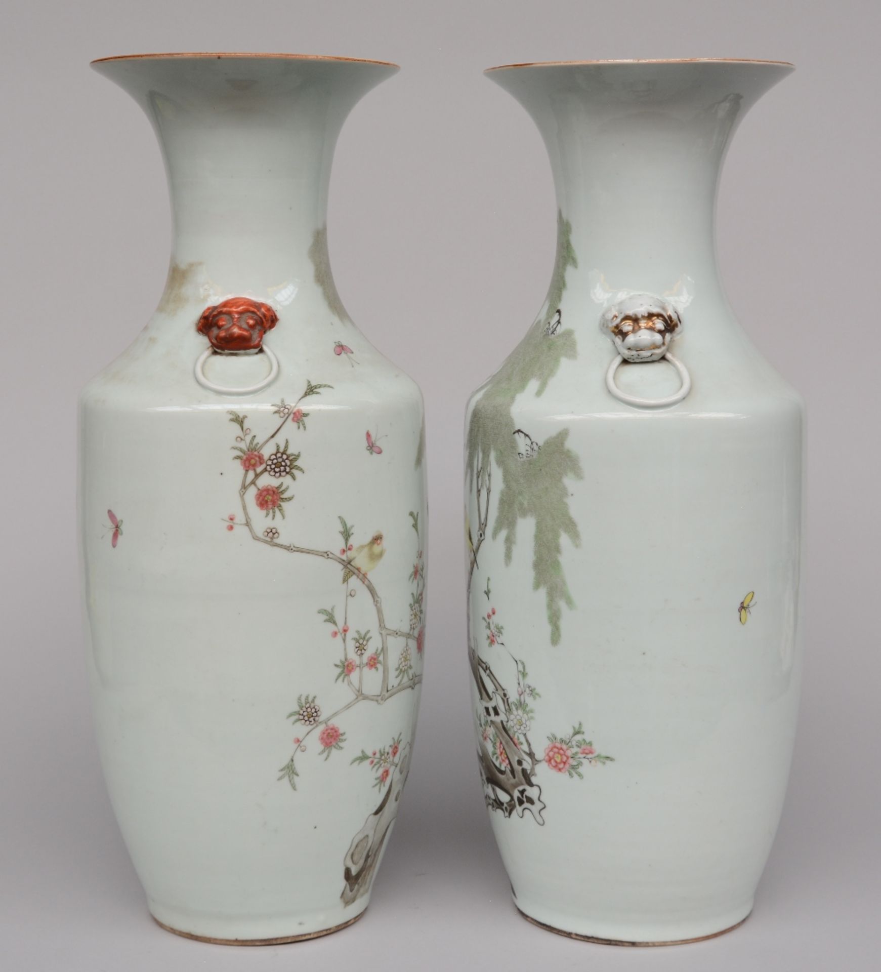 A pair of Chinese polychrome vases, decorated with birds on a flower branch, marked, H 57,5 cm ( - Image 2 of 9