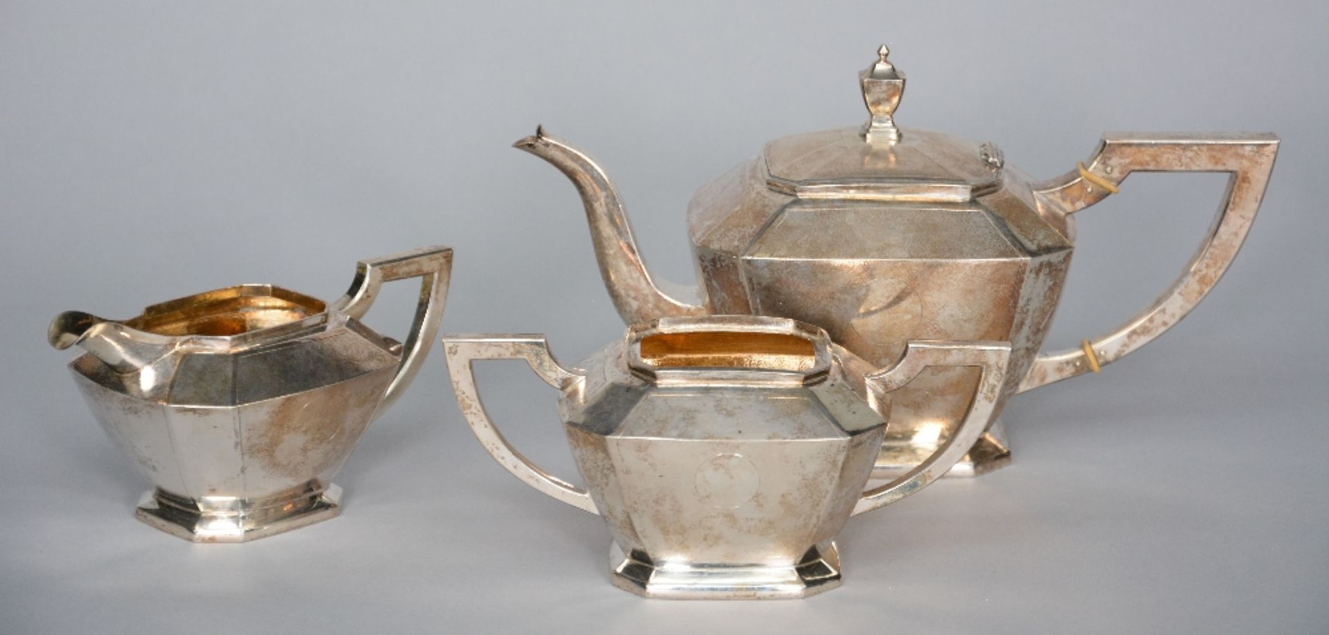 A Chinese silver three-piece tea set (925/100), H 16 - W 28 cm - Total weight: ca. 1123 g - Image 2 of 14