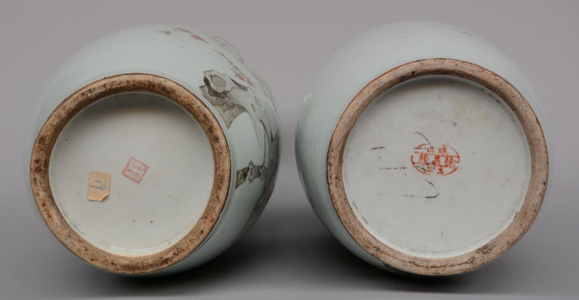 A pair of Chinese polychrome vases, decorated with birds on a flower branch, marked, H 57,5 cm ( - Image 6 of 9