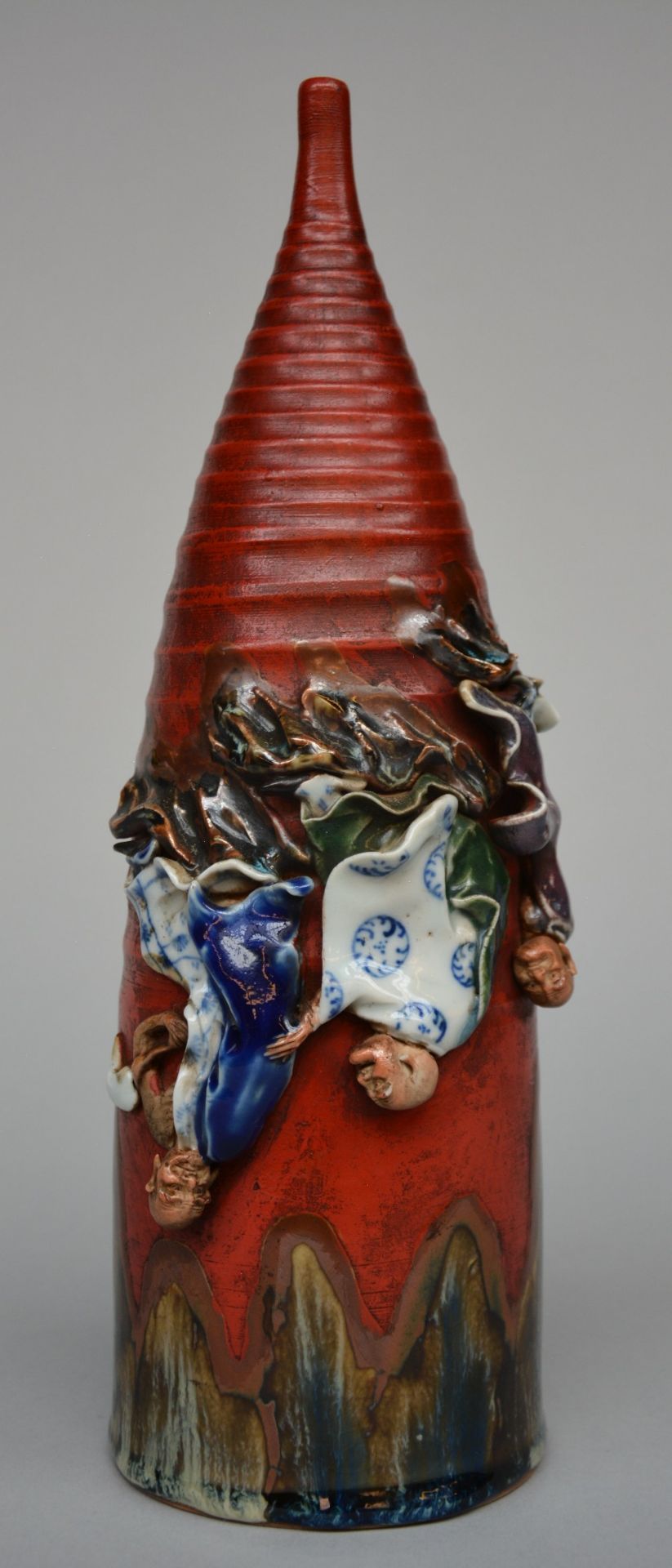 A Sumida Gawa vase, Japan, flambé glazed, polychrome and relief decorated with figures, marked,