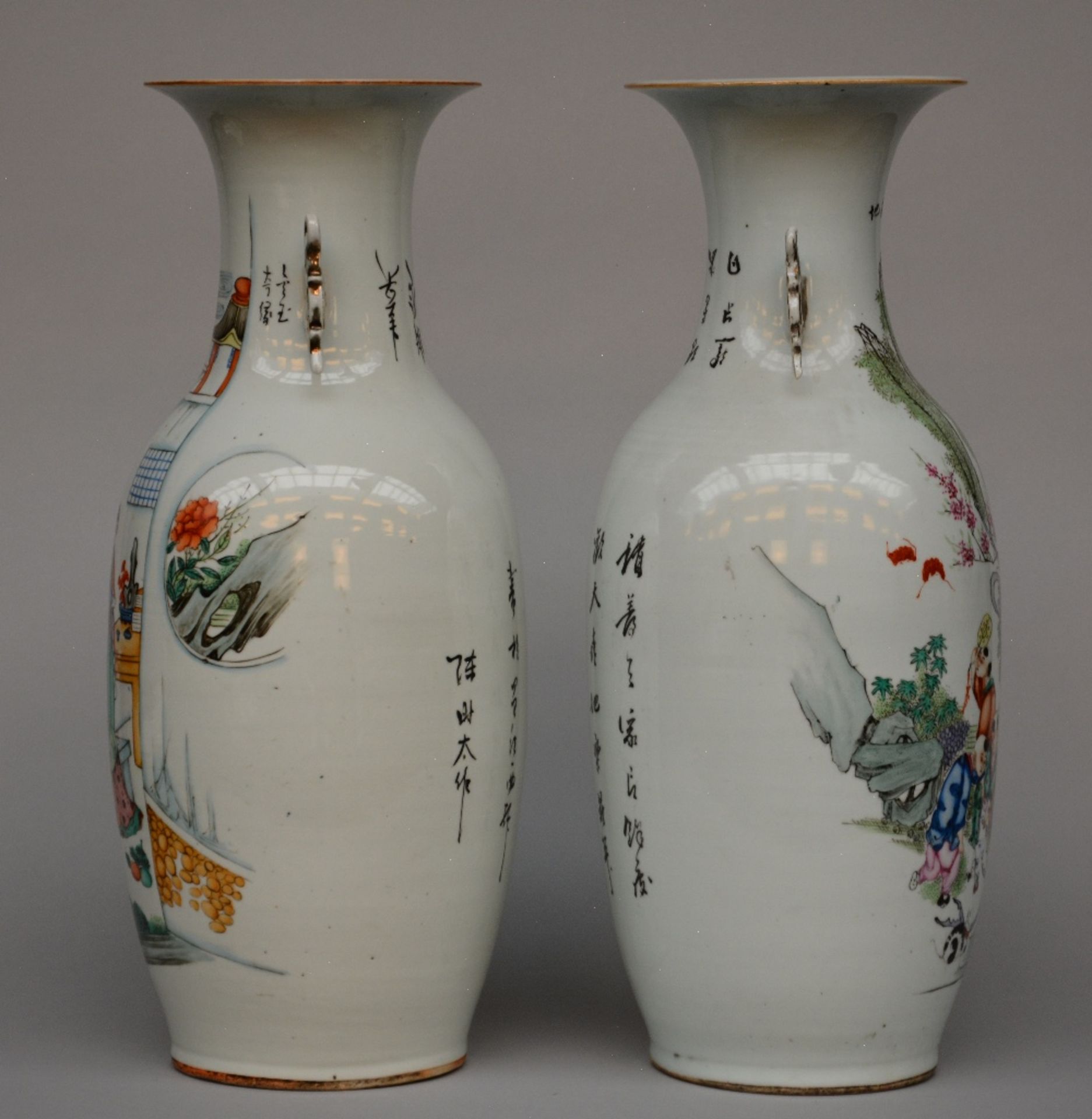 Two Chinese polychrome vases, decorated with a genre scene, 19thC, H 57,5 - 58 cm - Image 4 of 6