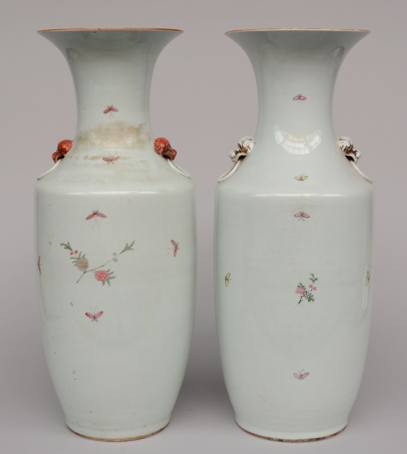 A pair of Chinese polychrome vases, decorated with birds on a flower branch, marked, H 57,5 cm ( - Image 3 of 9