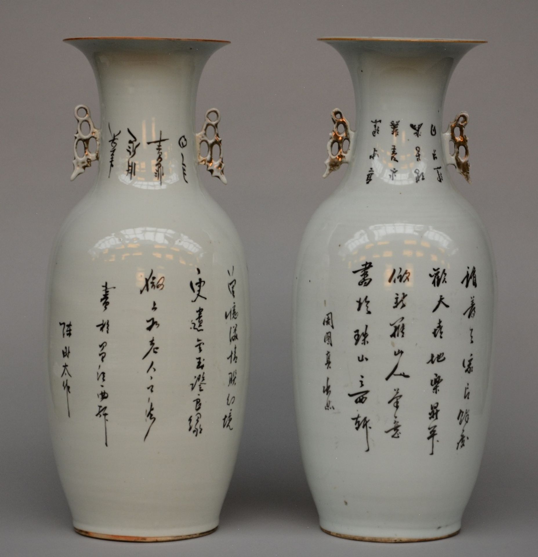 Two Chinese polychrome vases, decorated with a genre scene, 19thC, H 57,5 - 58 cm - Image 3 of 6