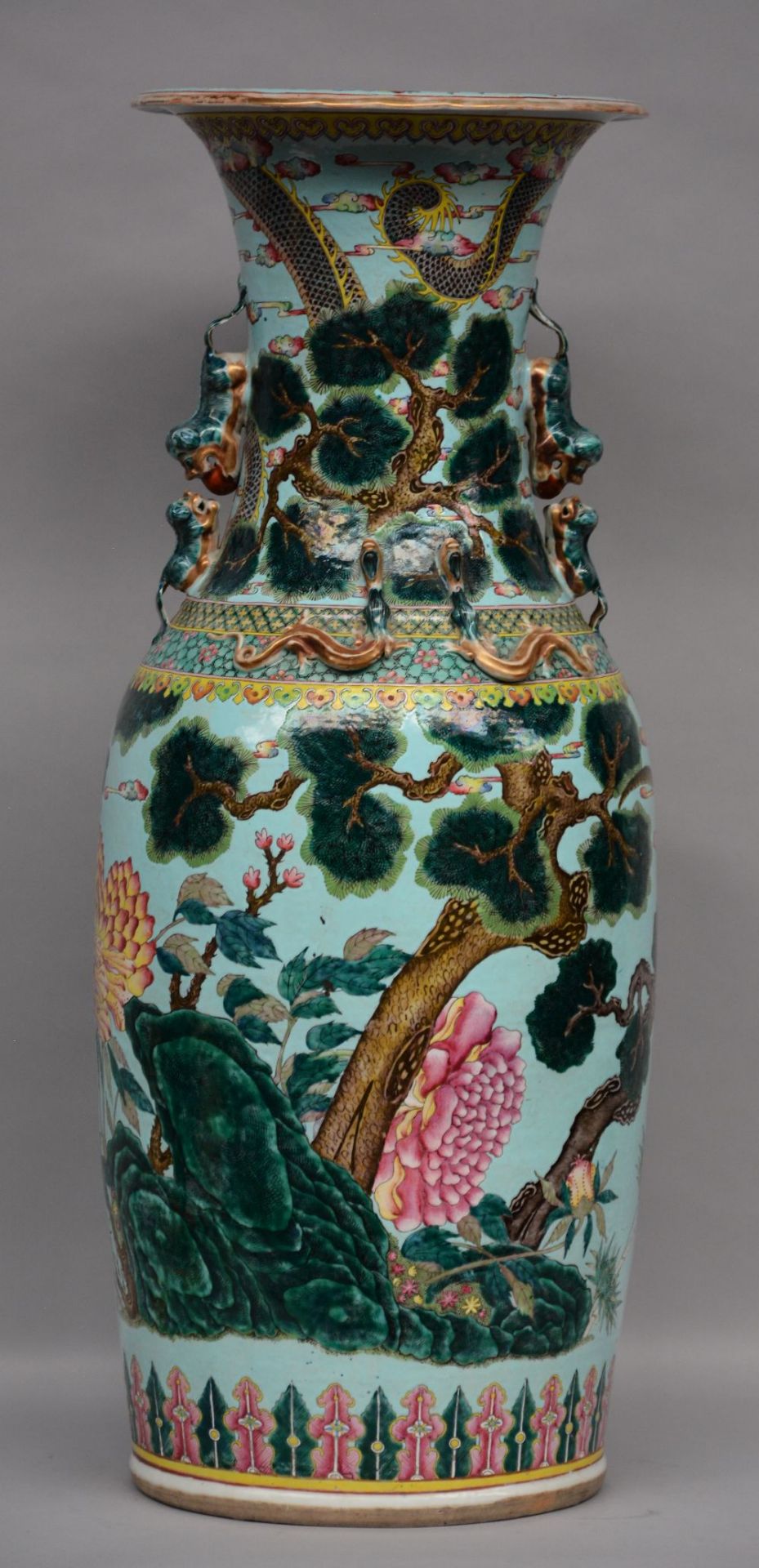 An exceptional pair Chinese turquoise vases, decorated with a dragon and a tiger in a landscape, - Image 9 of 12